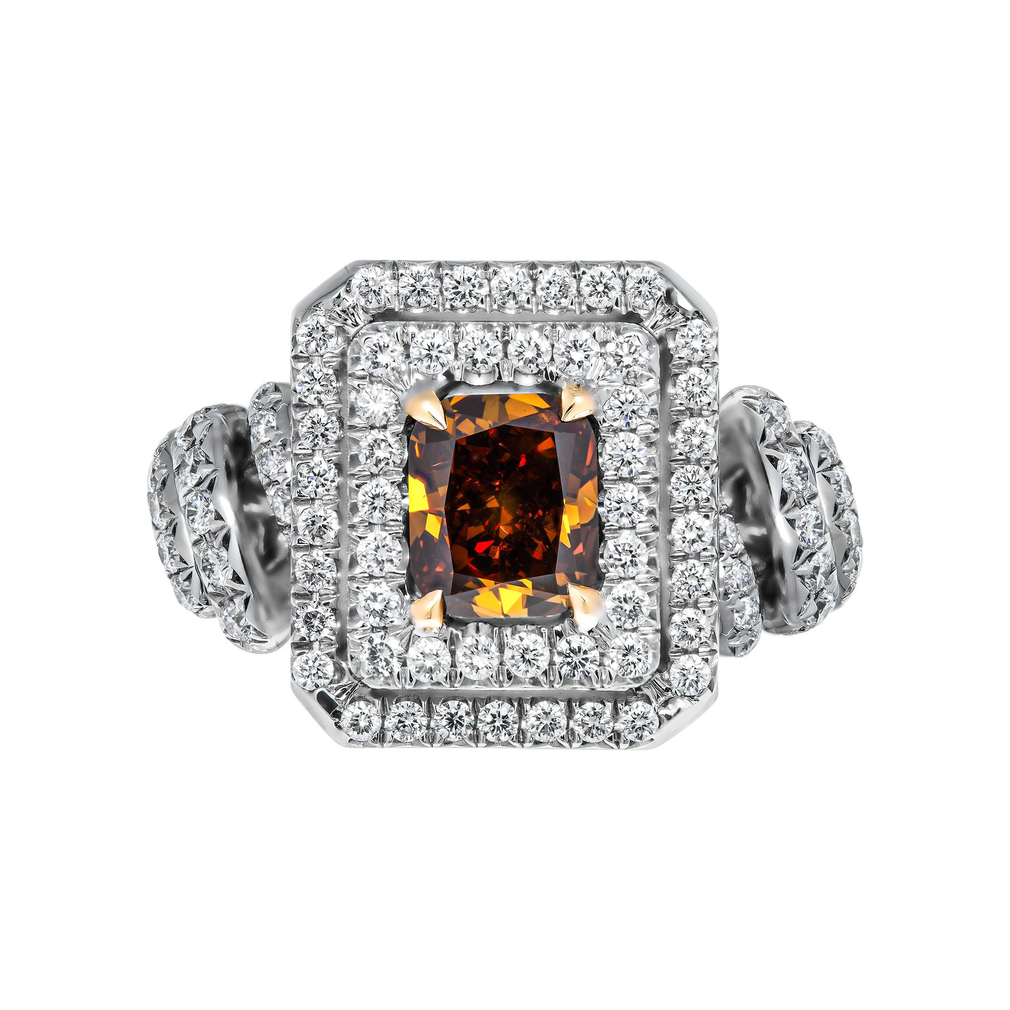 GIA Certified Cocktail Ring with 1.01ct Fancy Deep Orange-Brown Diamond 

Mounted in handmade custom design setting featuring Platinum 950 & 18K Yellow Gold prongs, 1 row of full brilliant cut diamonds that swirls around on the shank and double halo