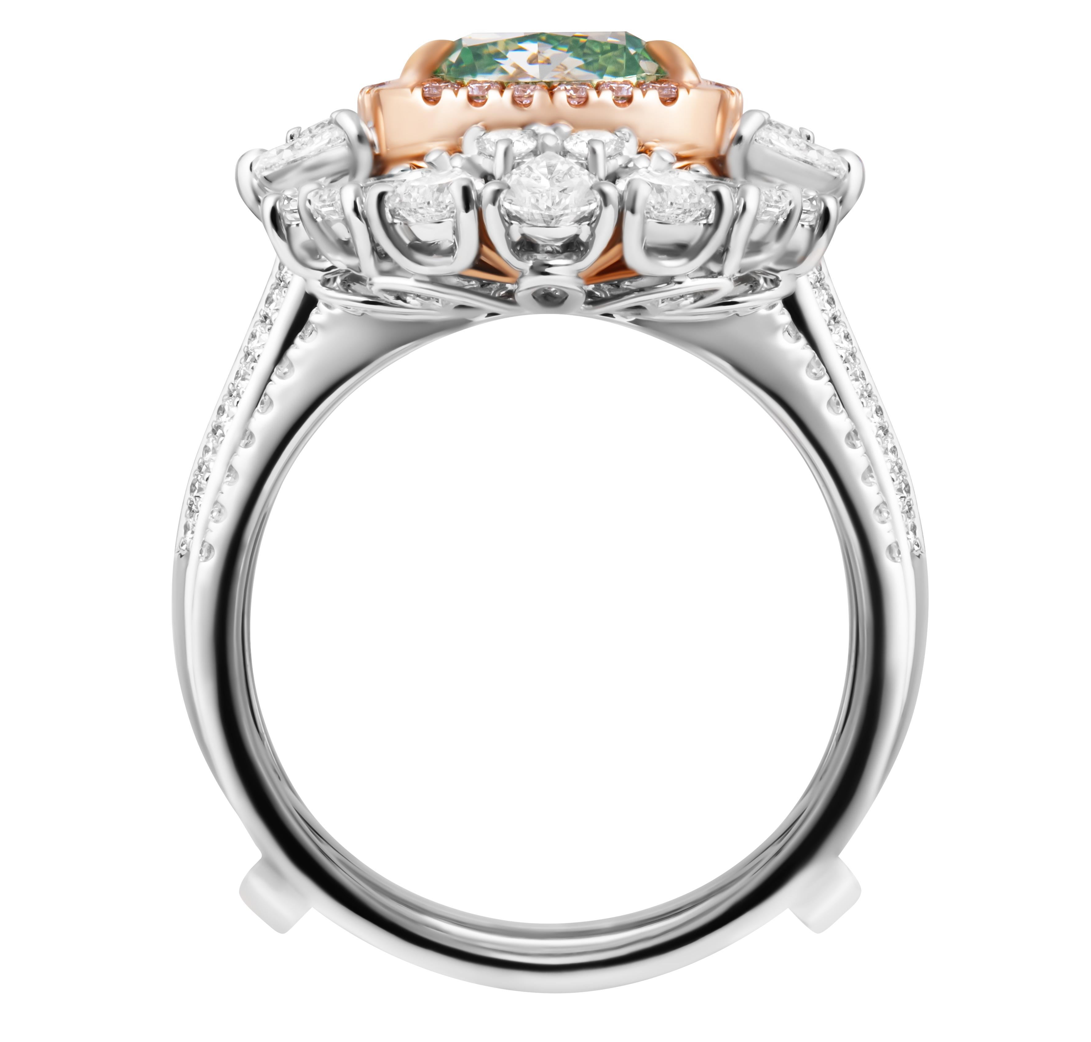 Moderne Bague cocktail certifiée GIA avec coussin jaune brunâtre vertâtre fantaisie de 4,08 carats en vente