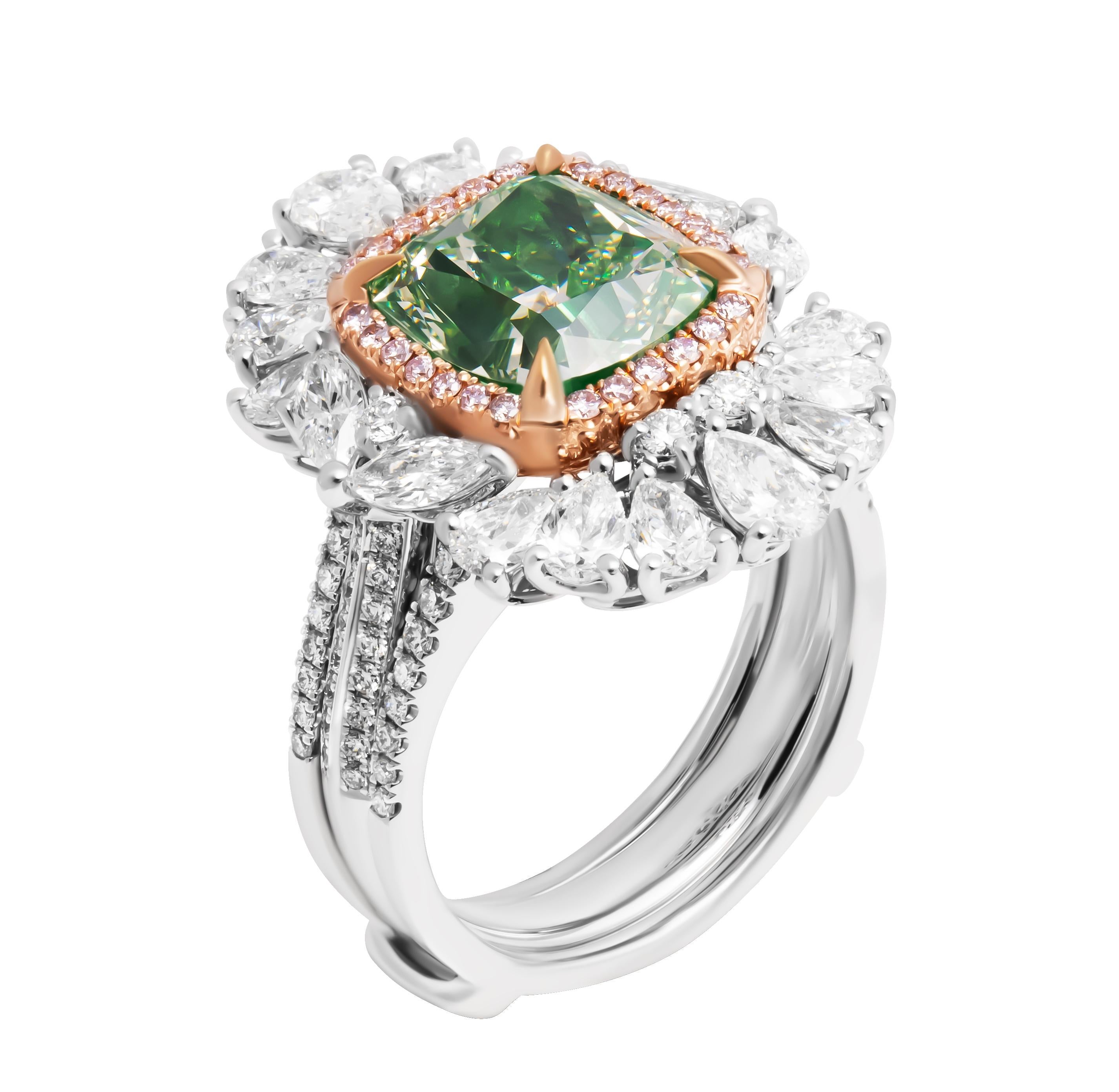 Taille coussin Bague cocktail certifiée GIA avec coussin jaune brunâtre vertâtre fantaisie de 4,08 carats en vente