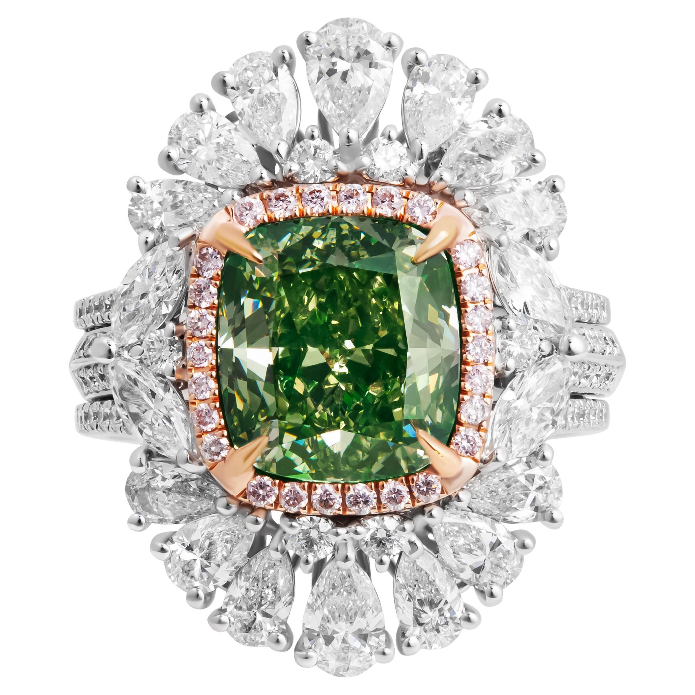GIA Certified Cocktail Ring with 4.08ct Fancy Brownish Greenish Yellow Cushion