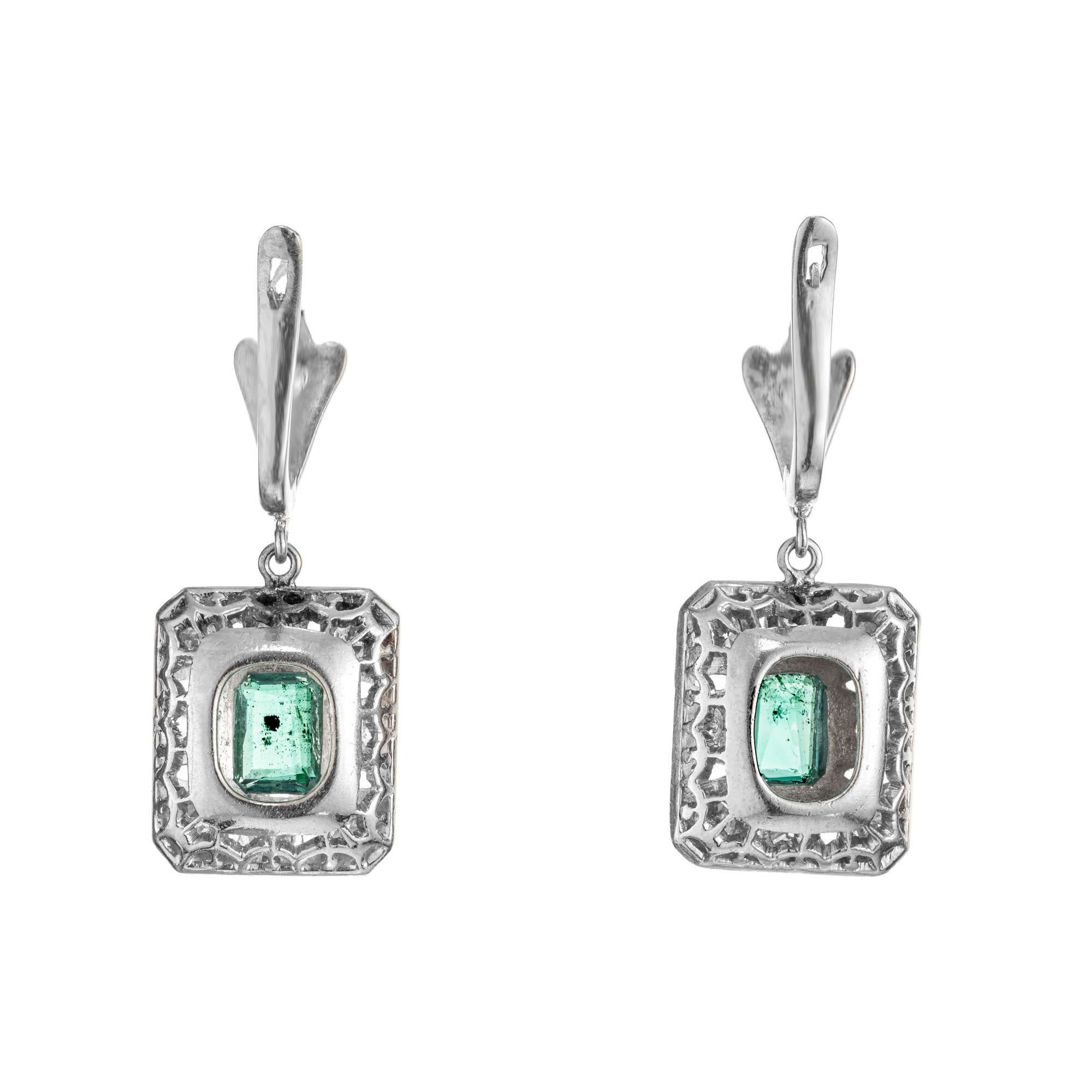 Emerald Cut GIA Certified Colombian 1.40 Carat Emerald Diamond Platinum Dangle Earrings  For Sale