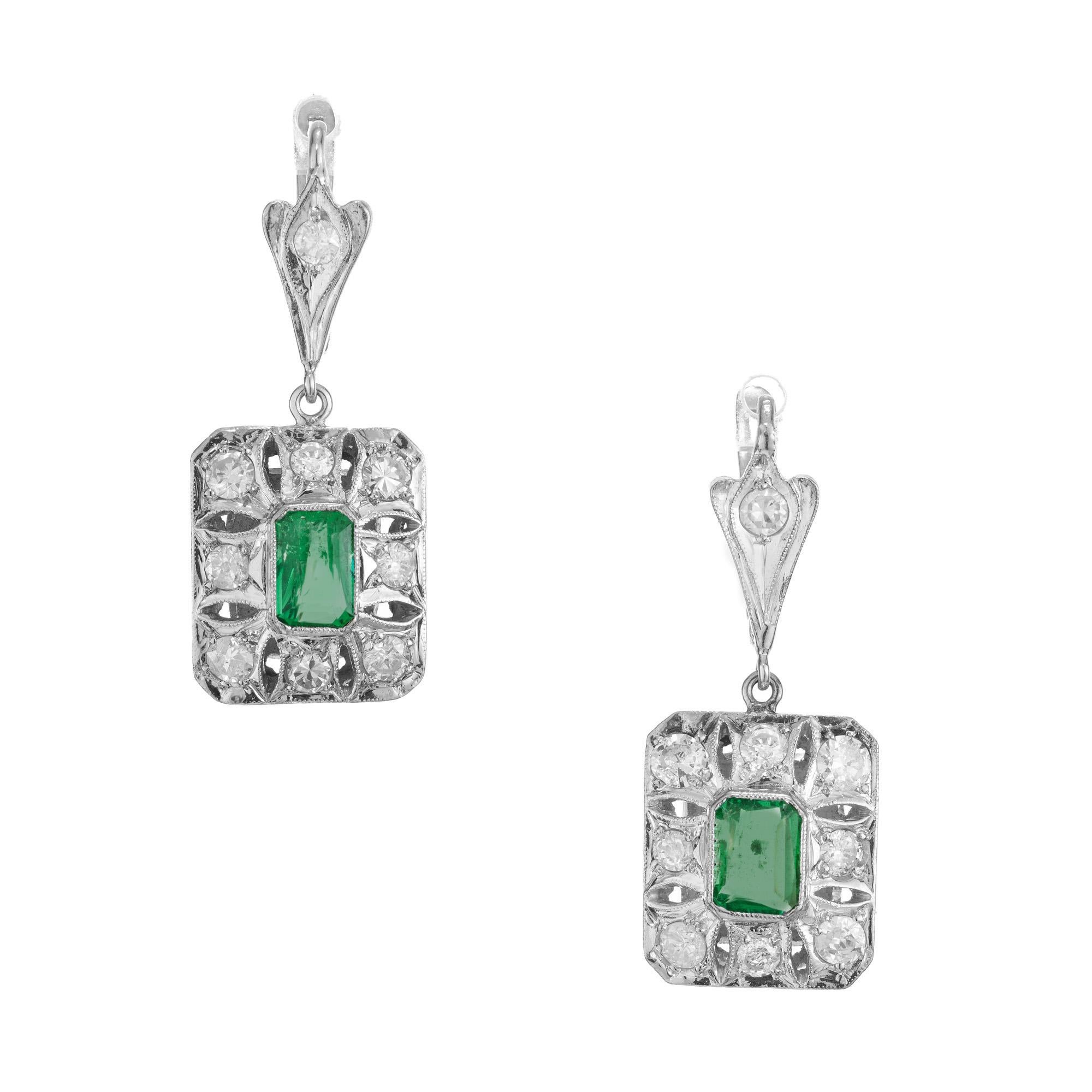 Women's GIA Certified Colombian 1.40 Carat Emerald Diamond Platinum Dangle Earrings  For Sale