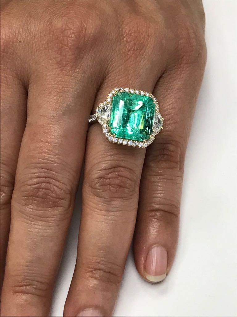 GIA Certified Colombian Emerald 10.20 Carat Diamond Halo Two-Color Gold Ring 10