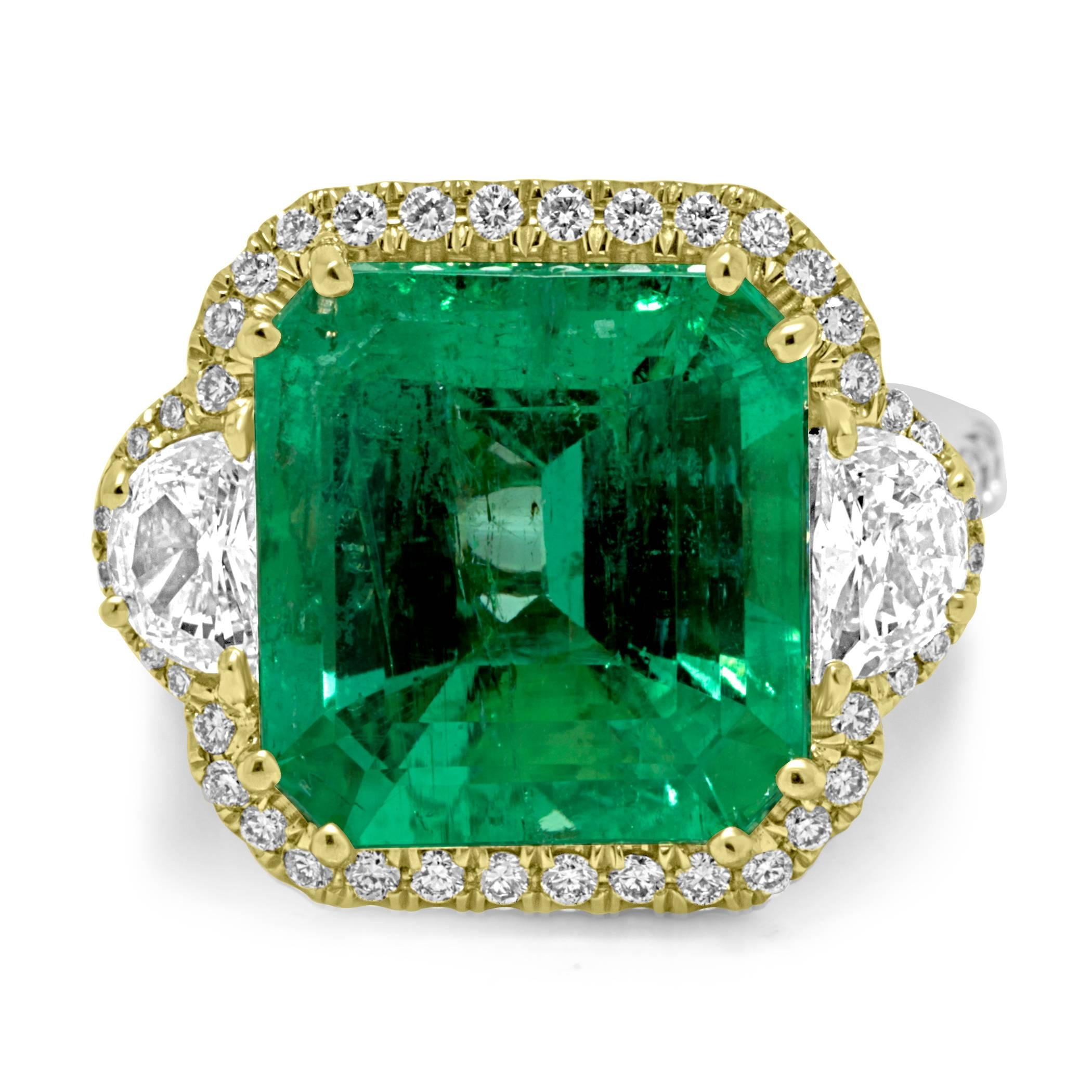 Contemporary GIA Certified Colombian Emerald 10.20 Carat Diamond Halo Two-Color Gold Ring