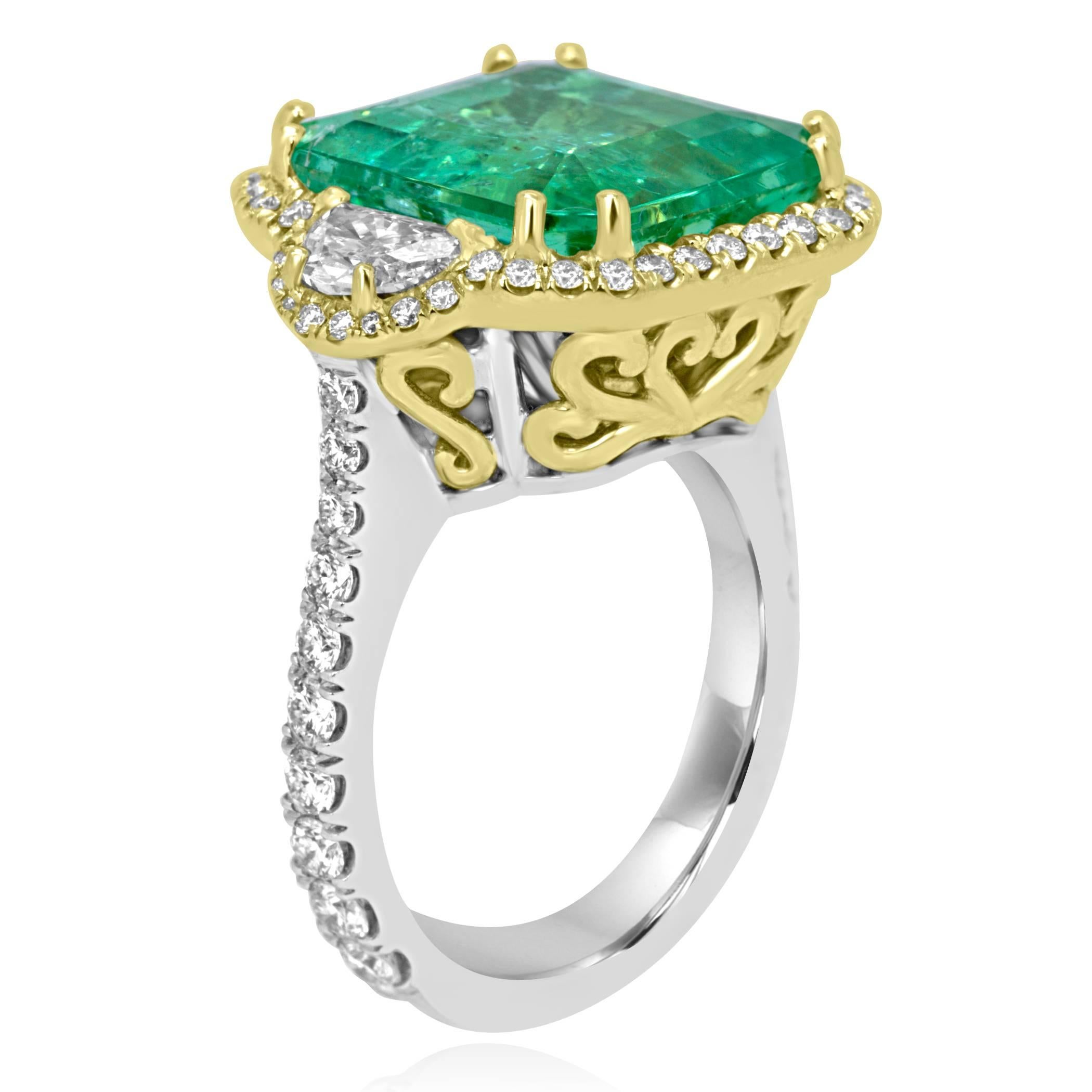 Emerald Cut GIA Certified Colombian Emerald 10.20 Carat Diamond Halo Two-Color Gold Ring