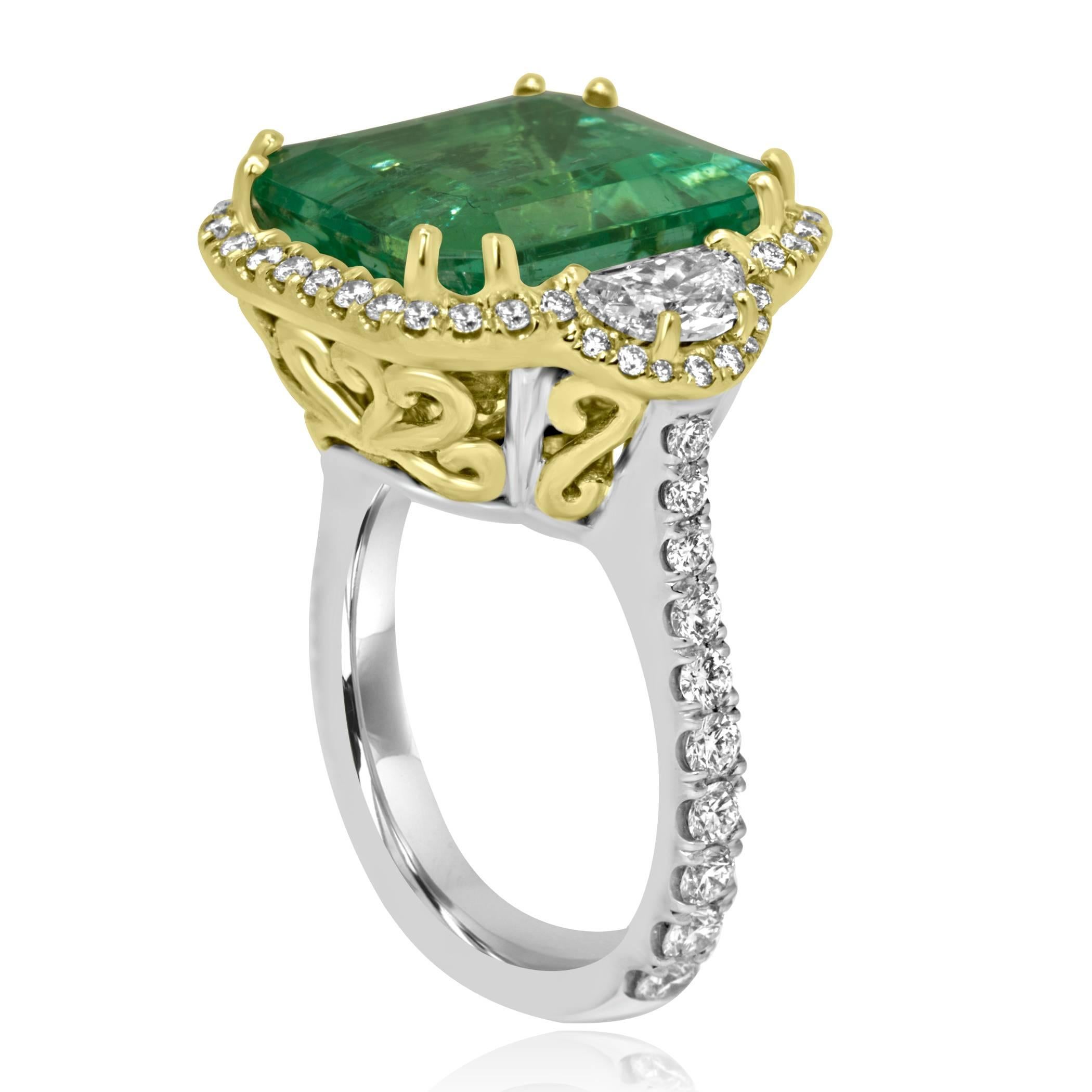Women's GIA Certified Colombian Emerald 10.20 Carat Diamond Halo Two-Color Gold Ring