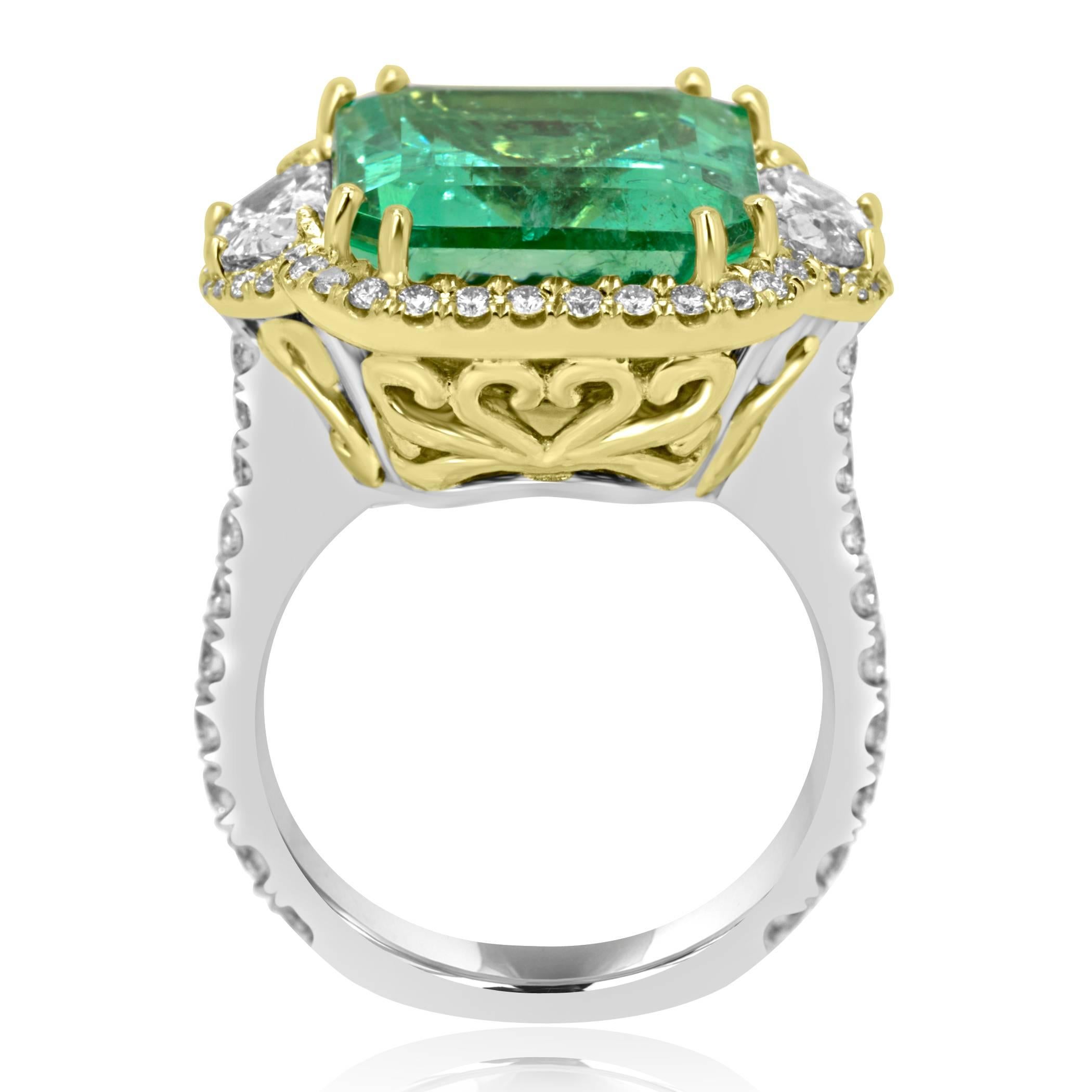 GIA Certified Colombian Emerald 10.20 Carat Diamond Halo Two-Color Gold Ring 1