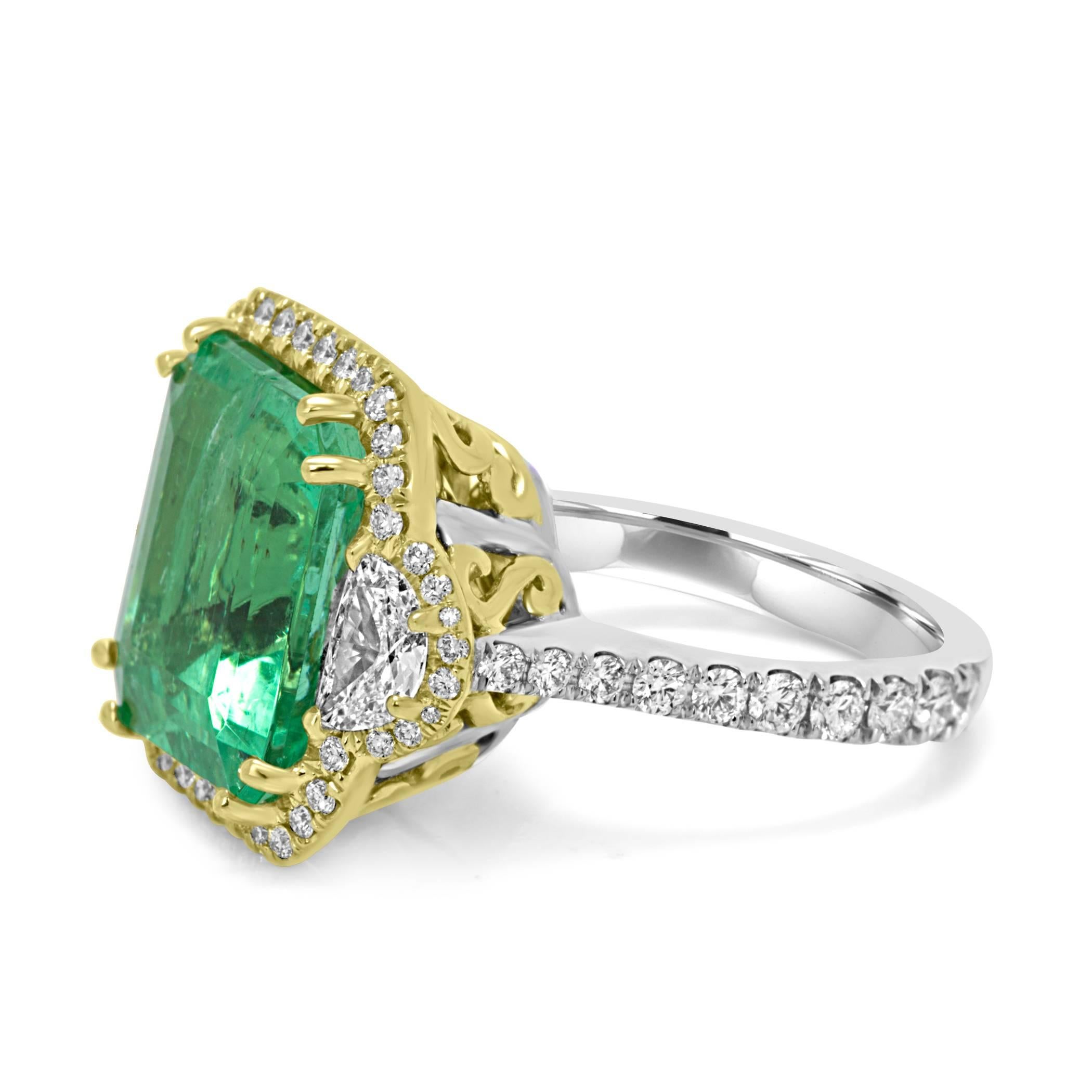 GIA Certified Colombian Emerald 10.20 Carat Diamond Halo Two-Color Gold Ring 2