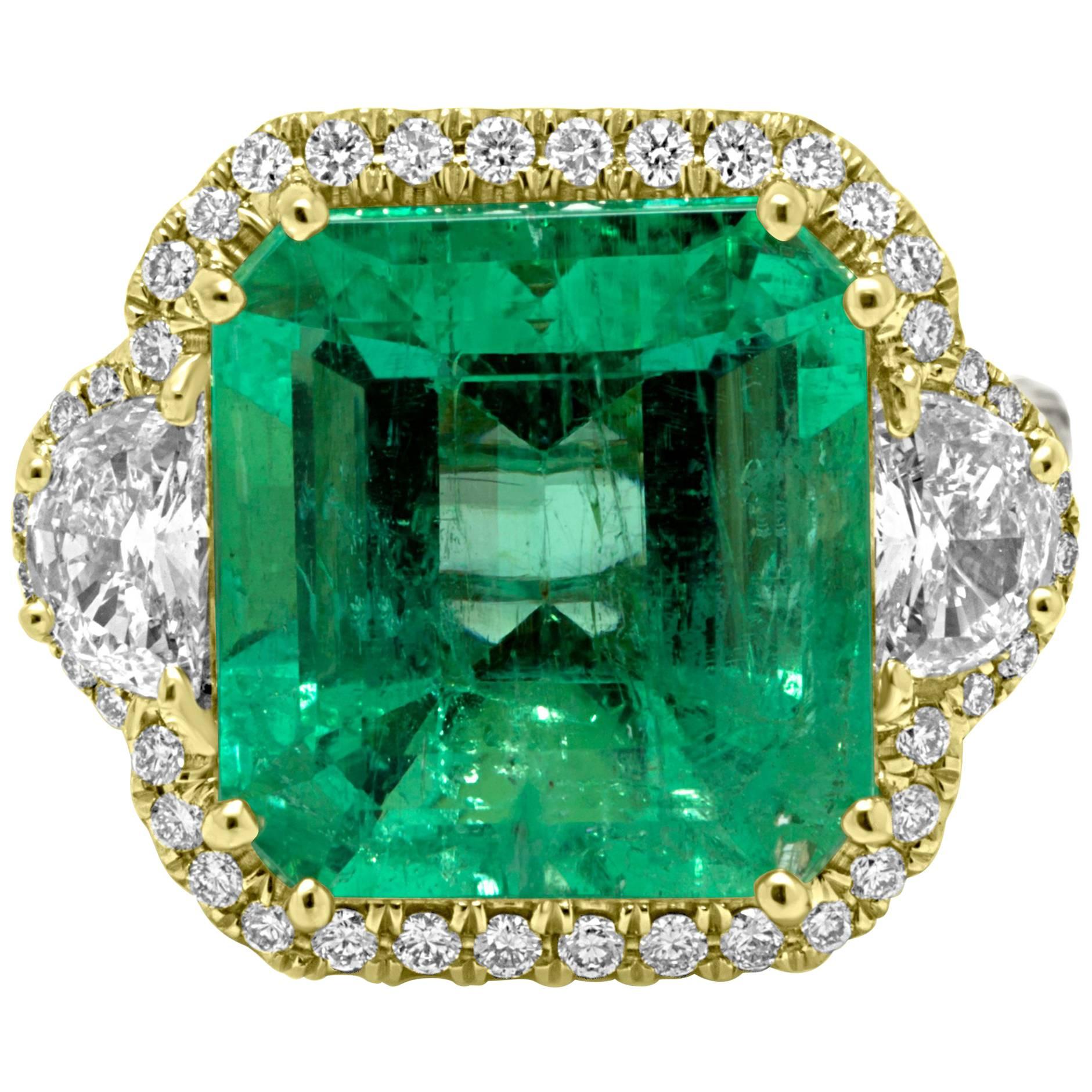 GIA Certified Colombian Emerald 10.20 Carat Diamond Halo Two-Color Gold Ring