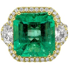 GIA Certified Colombian Emerald 10.20 Carat Diamond Halo Two-Color Gold Ring