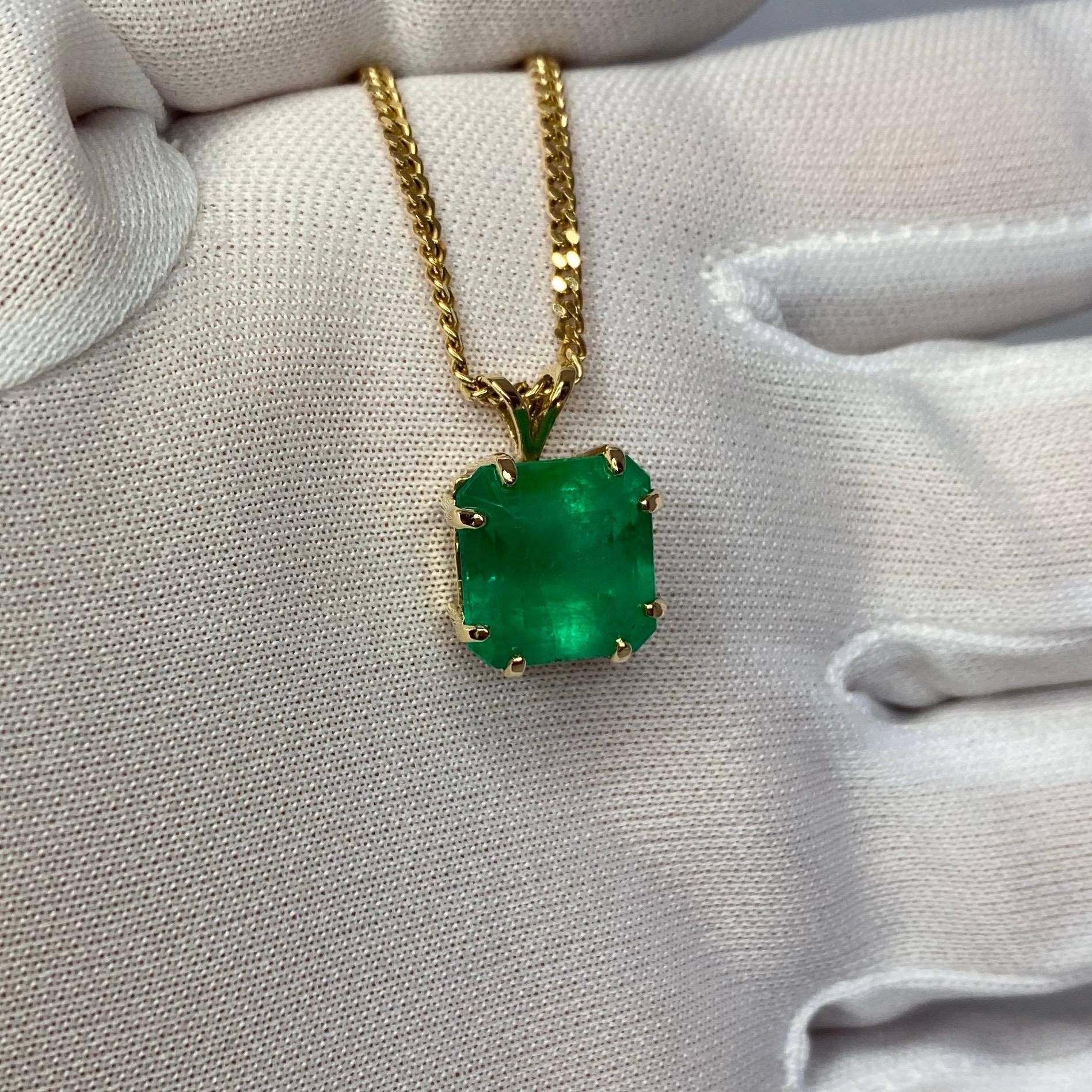 Large top quality 5.99 carat Colombian emerald set in a fine 14k yellow gold solitaire pendant.

Emerald fully certified by GIA New York Lab confirming stone as natural and Colombian in origin. Also describing treatment as only 'minor enhancement'.