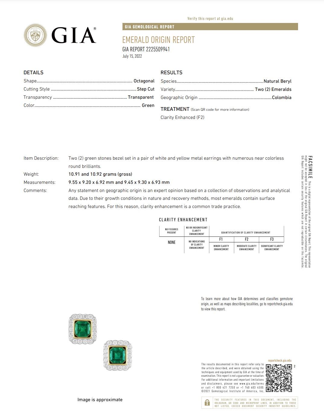 Pendientes de Esmeralda Colombiana y Diamante con Clip Certificados GIA Oro Amarillo 18k en venta 4