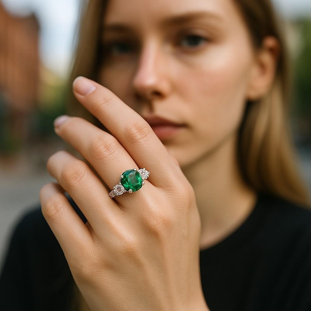 La bague présente un design captivant qui allie l'élégance de l'or 18 carats à la beauté naturelle d'une émeraude ronde de Colombie, d'un poids de 1,40 carat, et de diamants étincelants, d'un poids de 1,45 carat. Il est fabriqué avec le souci du