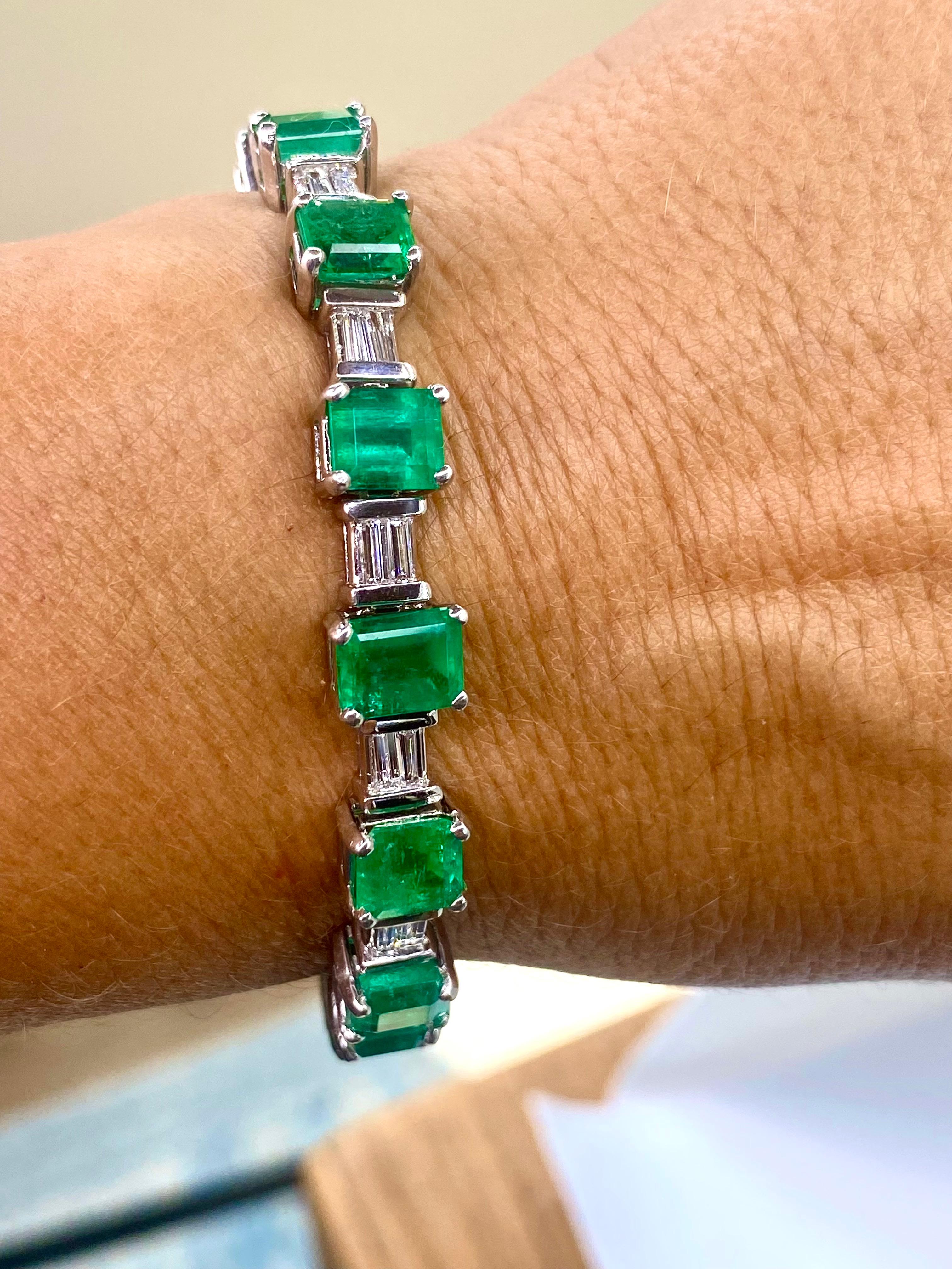 Emerald Cut GIA Certified Colombian Emerald Diamond Platinum Bracelet For Sale