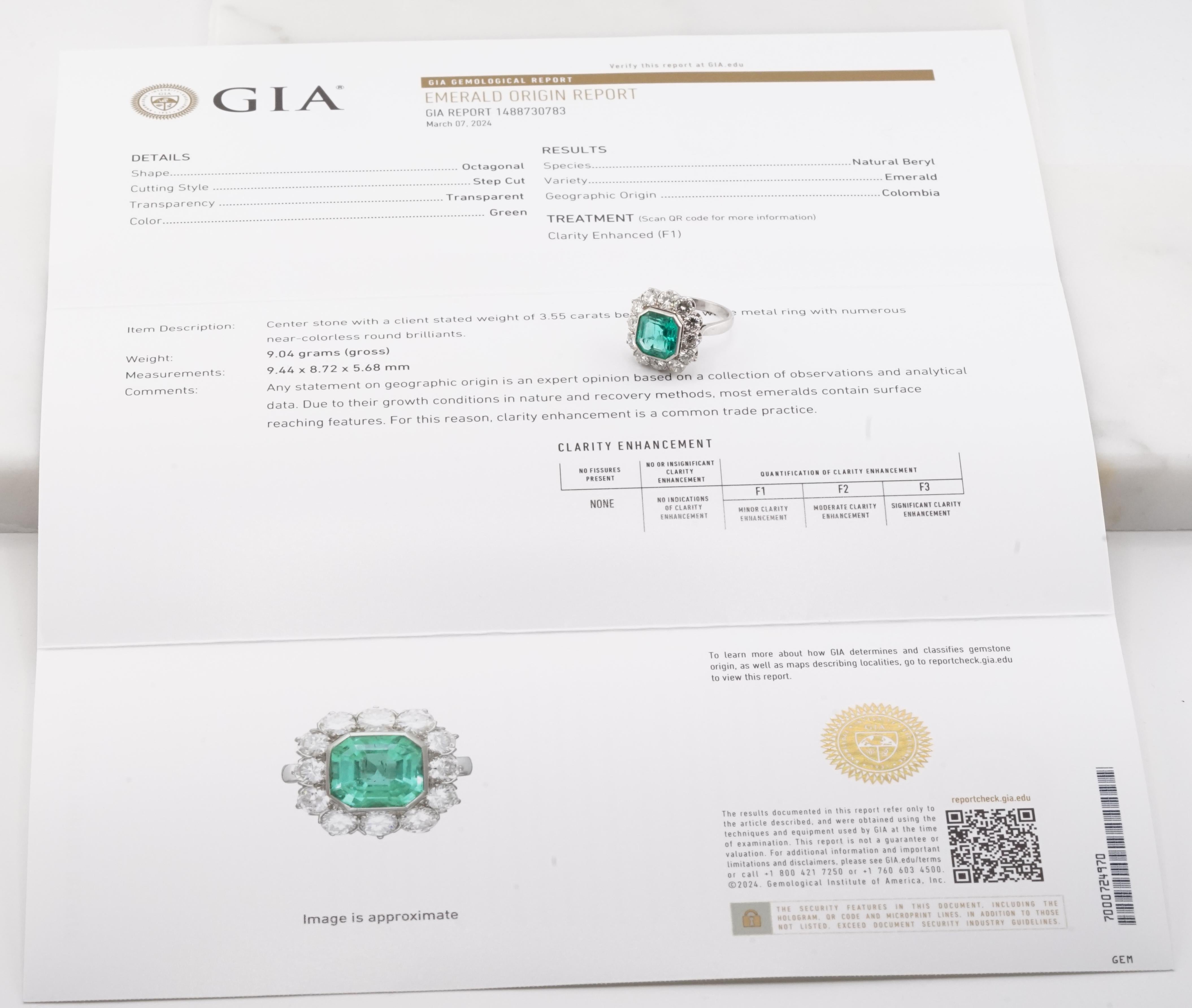GIA Certified Colombian Minor Oil Green Emerald 18K White Gold Ring For Sale 1
