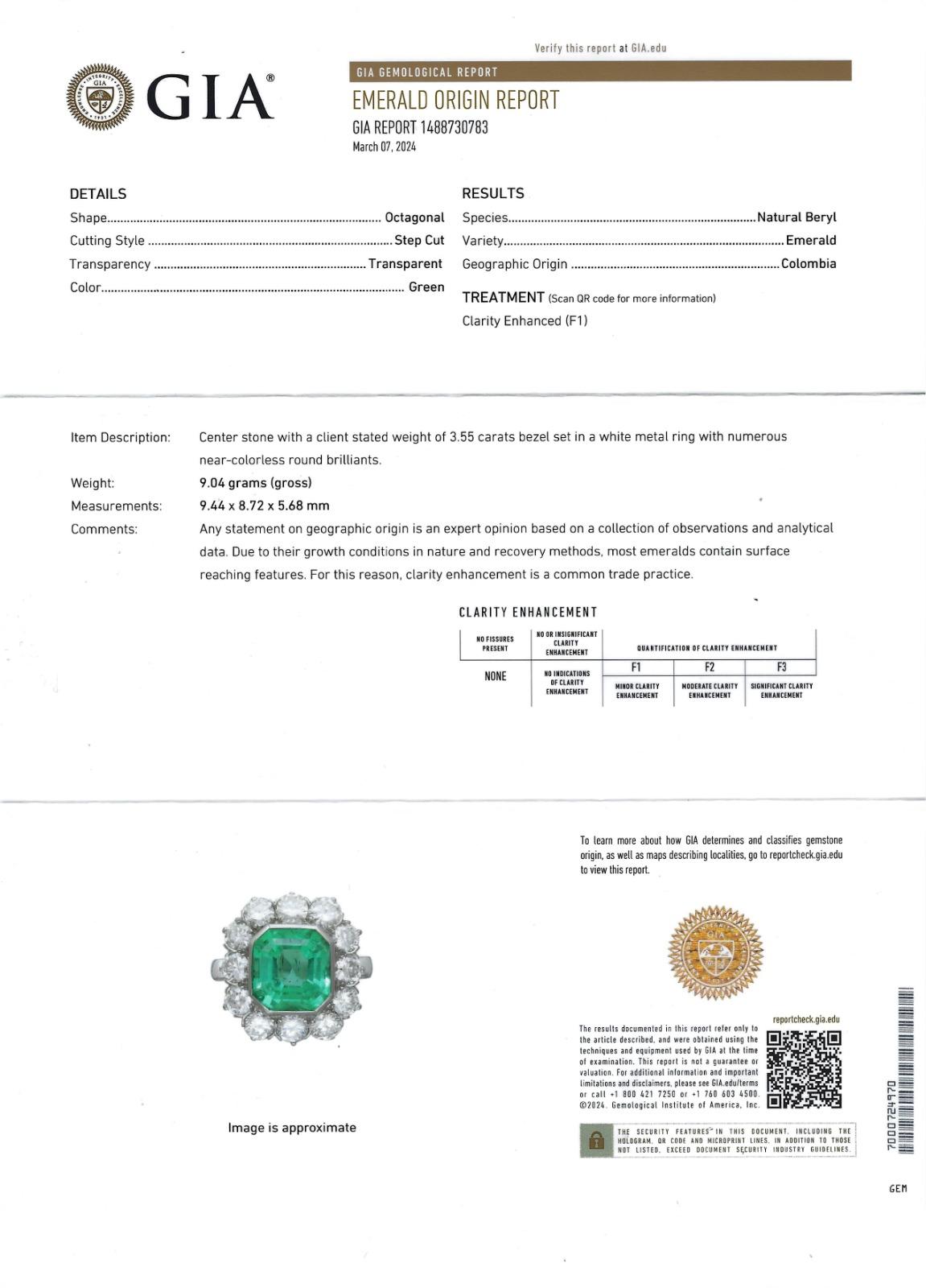 Bague colombienne mineure émeraude verte d'huile en or blanc 18 carats certifiée GIA en vente 2