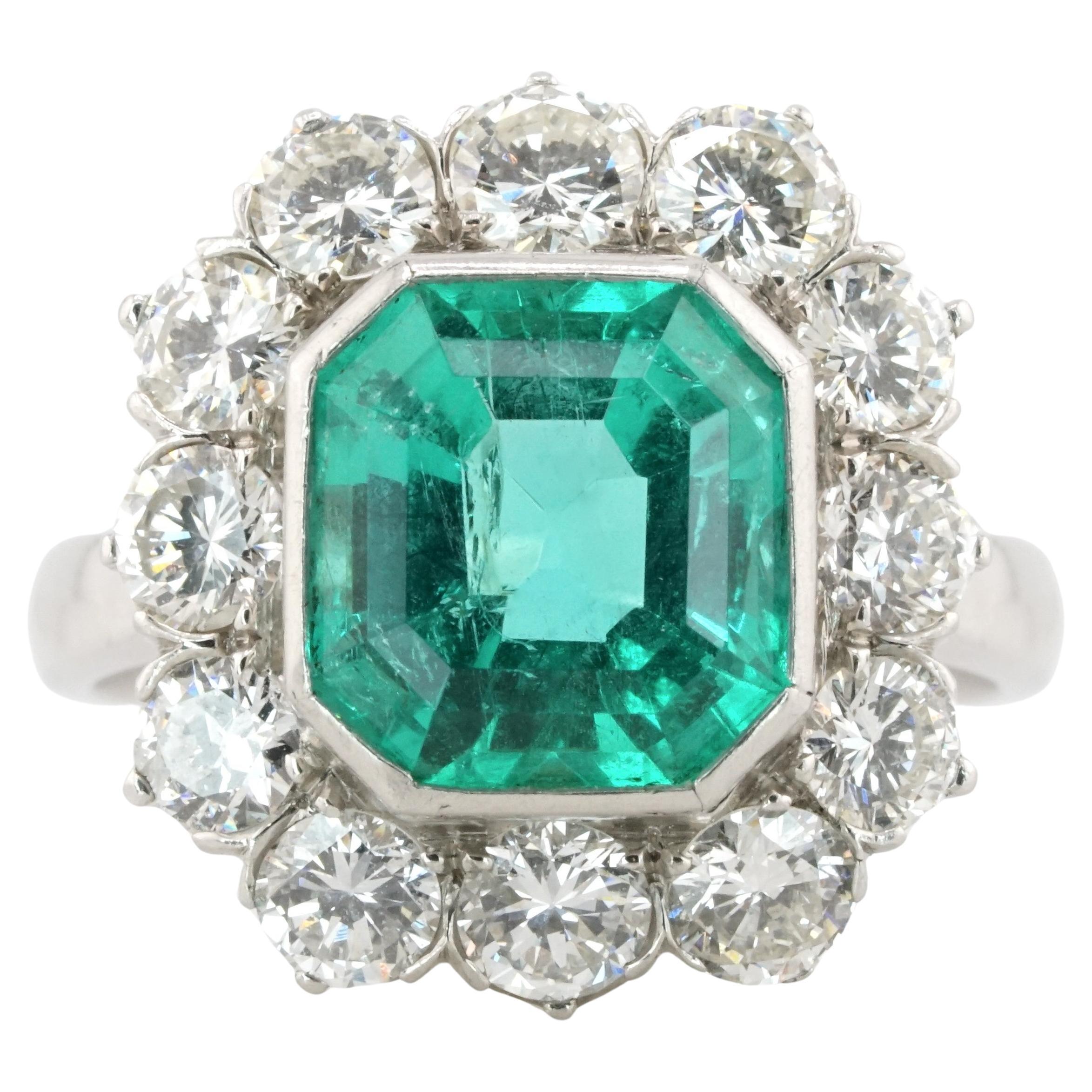 GIA Certified Colombian Minor Oil Green Emerald 18K White Gold Ring For Sale
