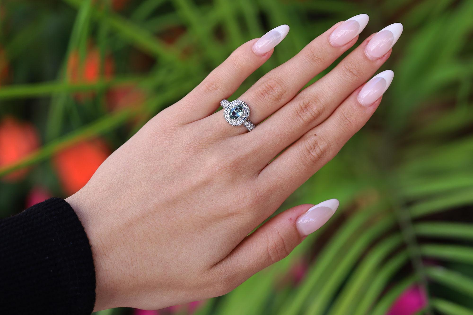 Would you wear this Alexandrite as a cocktail or gemstone engagement ring? GIA certified with an amazing color change from green to purple, this June birthstone is known as the chameleon of gems. We designed this 0.84 carat oval to shine brightly in