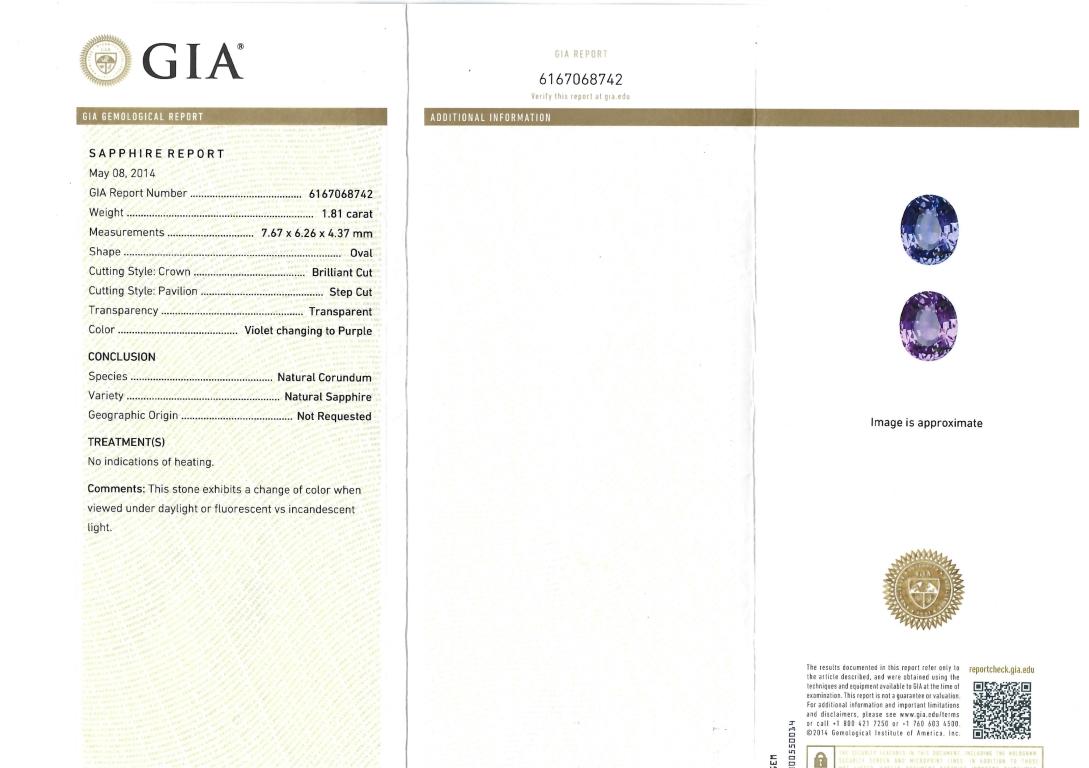 New platinum color change sapphire ring set with an untreated oval cut Ceylon sapphire, violet changing to purple measuring 7.67 x 6.26 x 4.37 mm weighing 1.81 carats.  Type II. Medium-light, moderately strong violet color GIA color V 4/4 changing