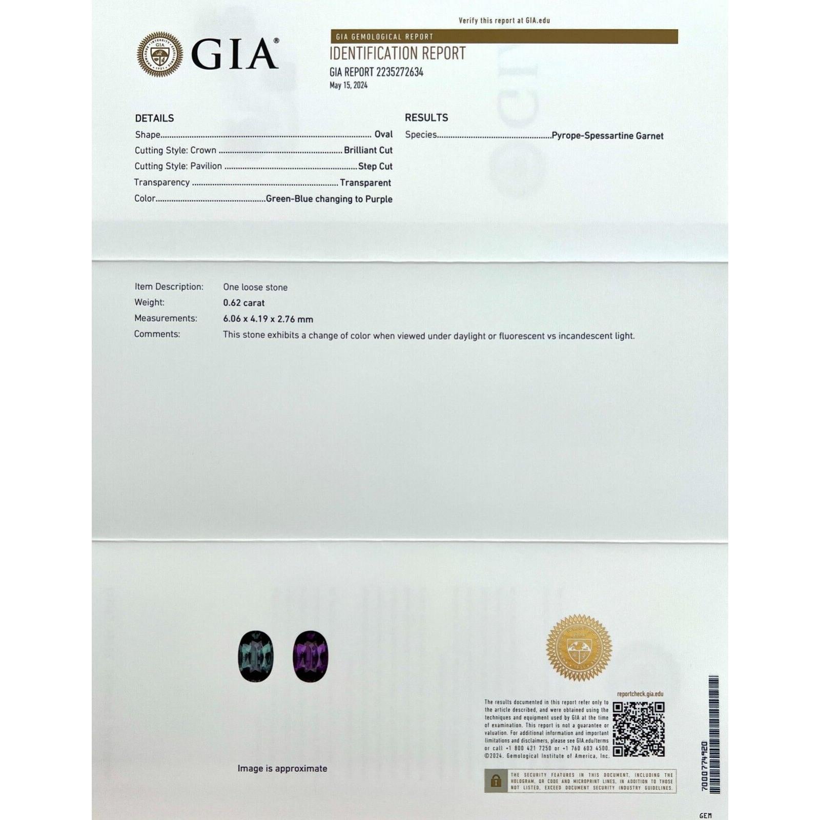 GIA-zertifizierter Farbwechselgranat Natural 0,62ct Ovalschliff Pyrop Spessartin im Angebot 1