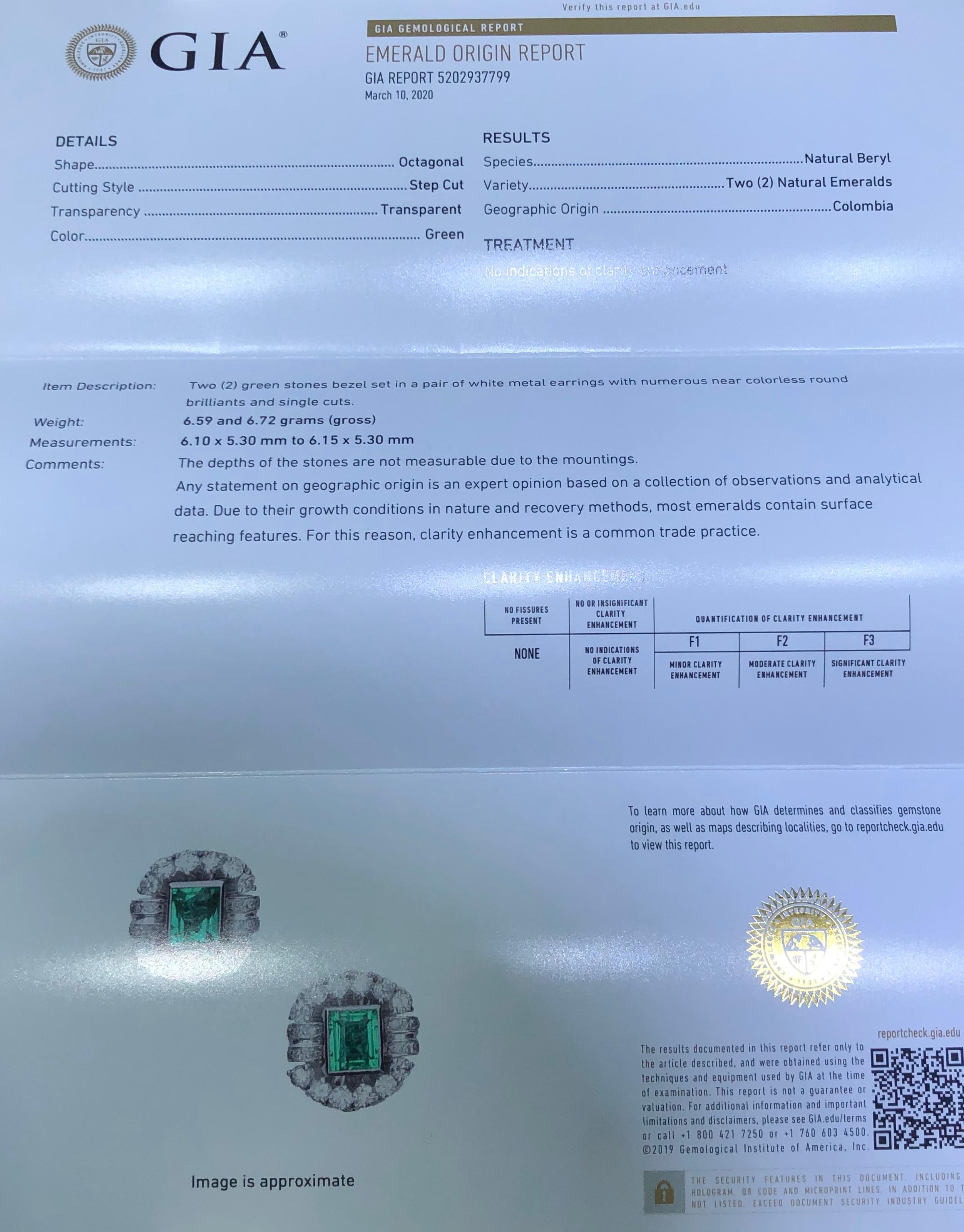 GIA Certified Columbian Emerald and Diamond Platinum Earrings In Excellent Condition In MIAMI, FL