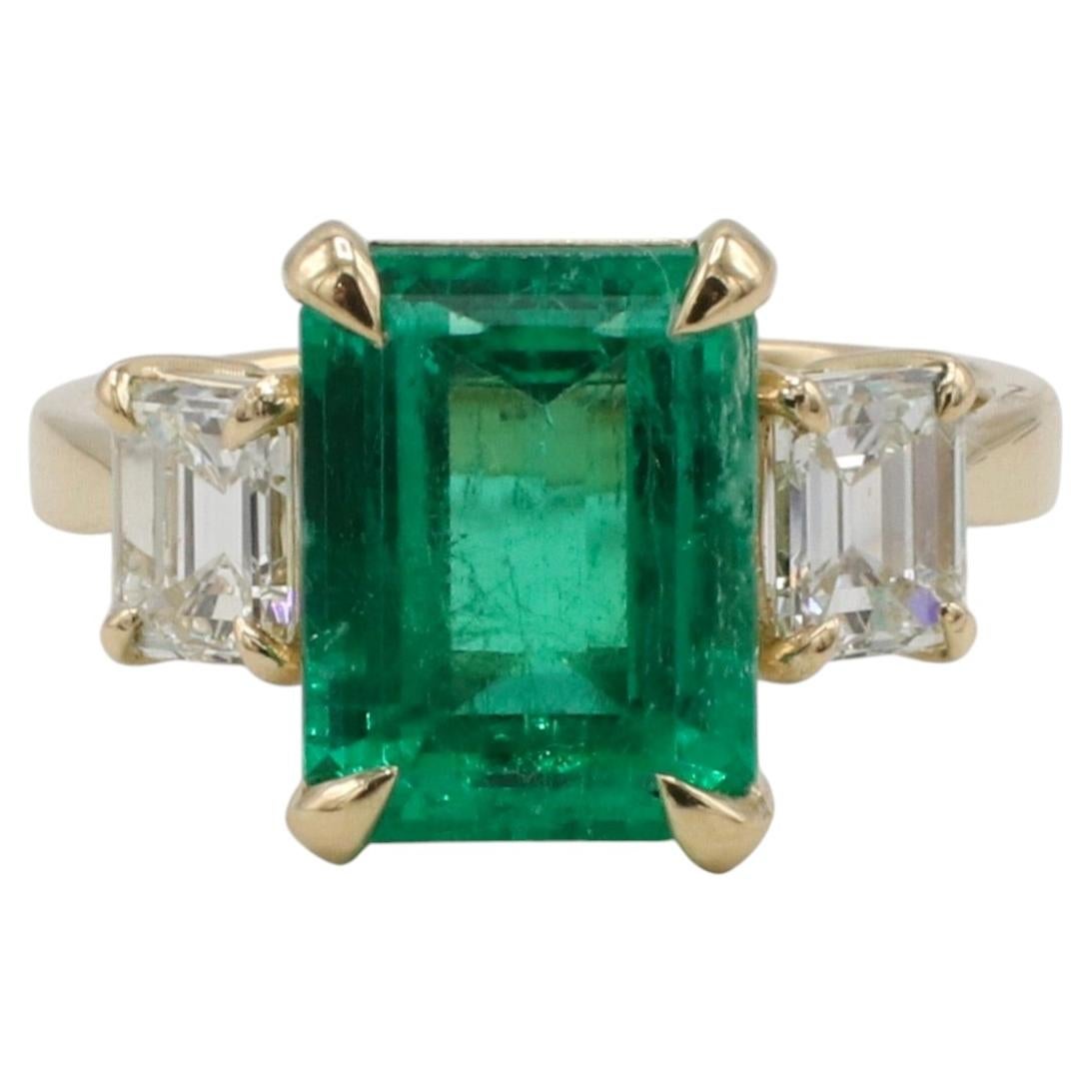 GIA Certified Columbian Green Emerald & Diamond Three-Stone Gold Engagement Ring