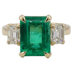 GIA Certified Columbian Green Emerald & Diamond Three-Stone Gold Engagement Ring