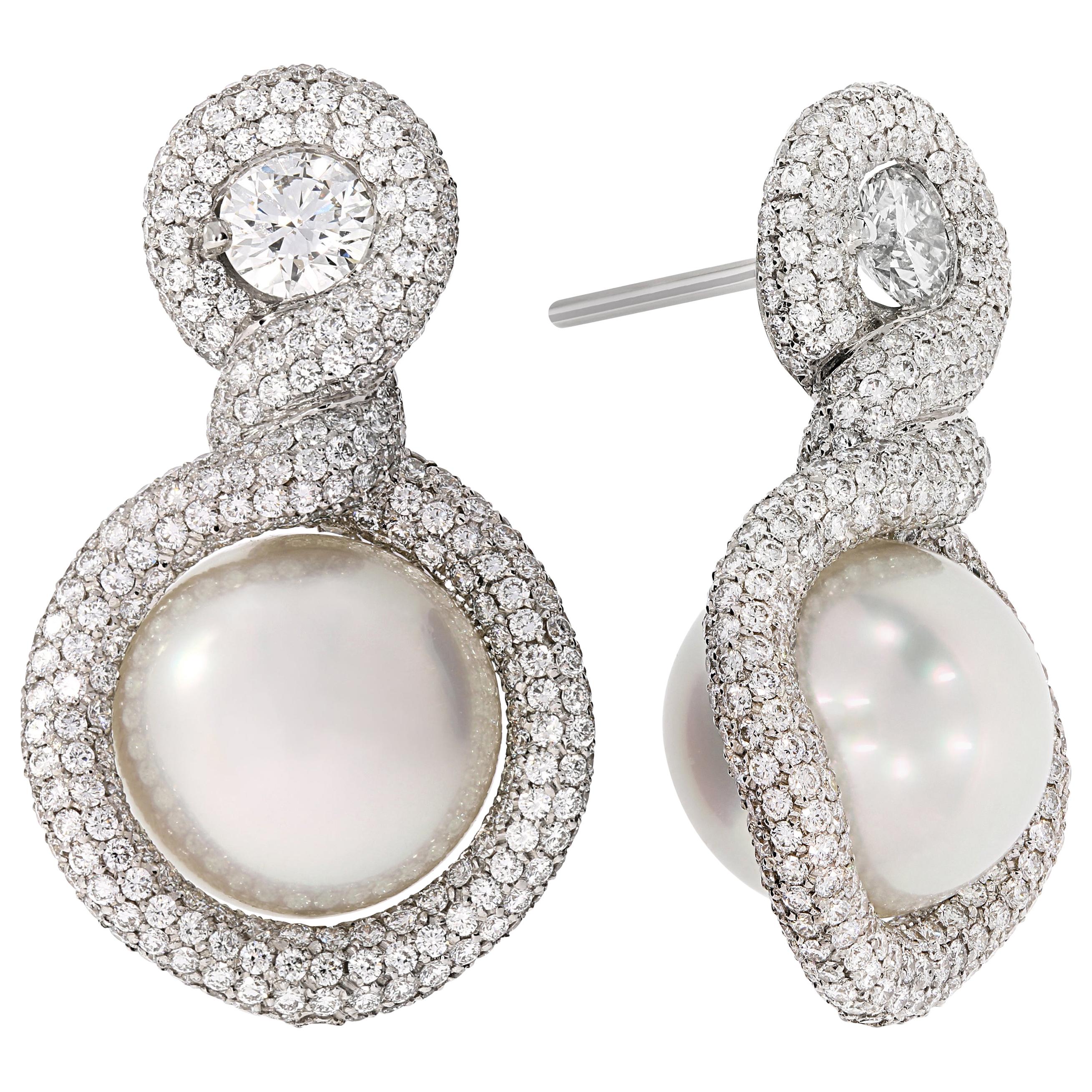 Rosior one-off GIA Certified Diamond and South Sea Pearl 1.18" Drop Earrings