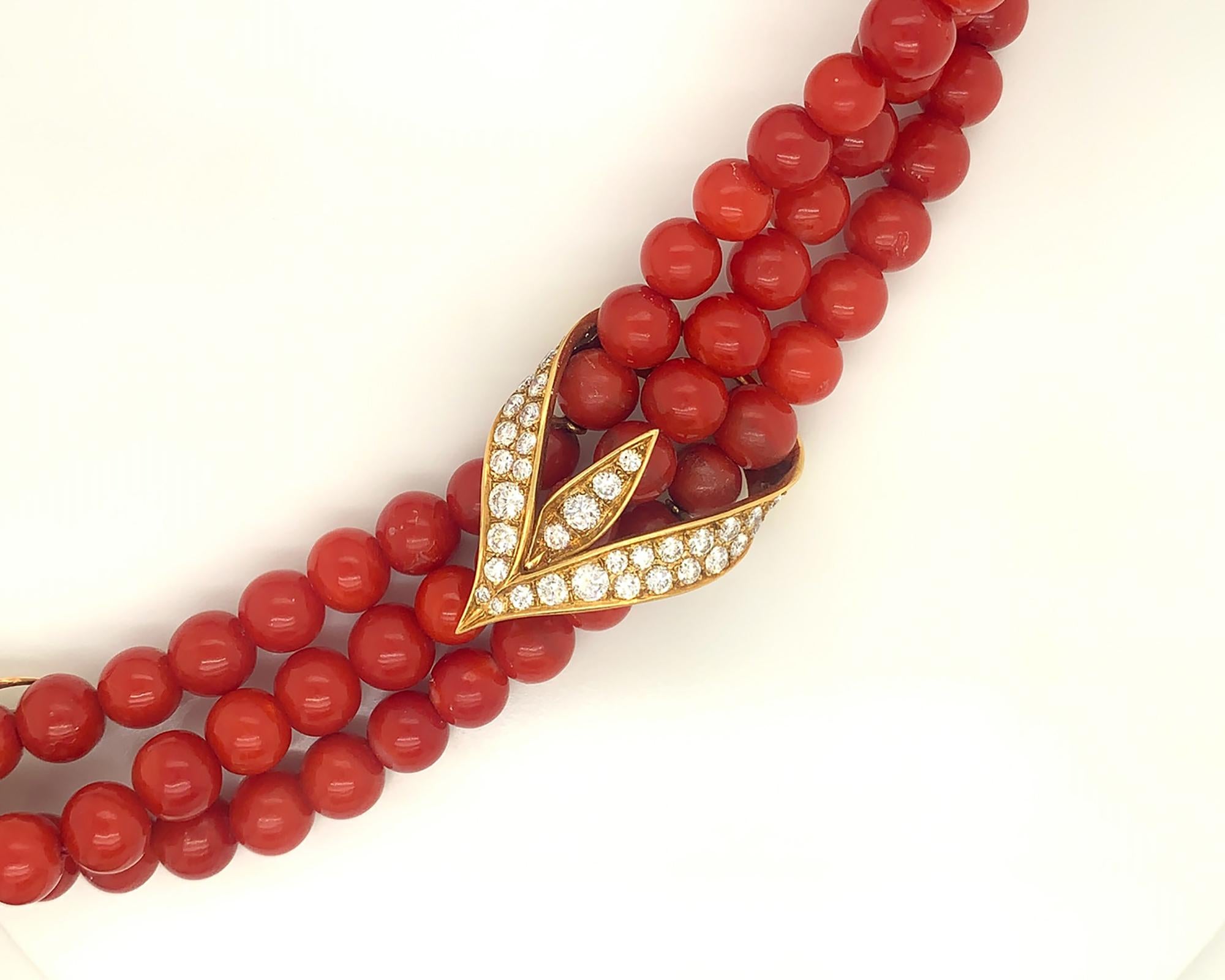 Modern GIA Certified Coral and Diamond Gold Necklace by Fred Paris