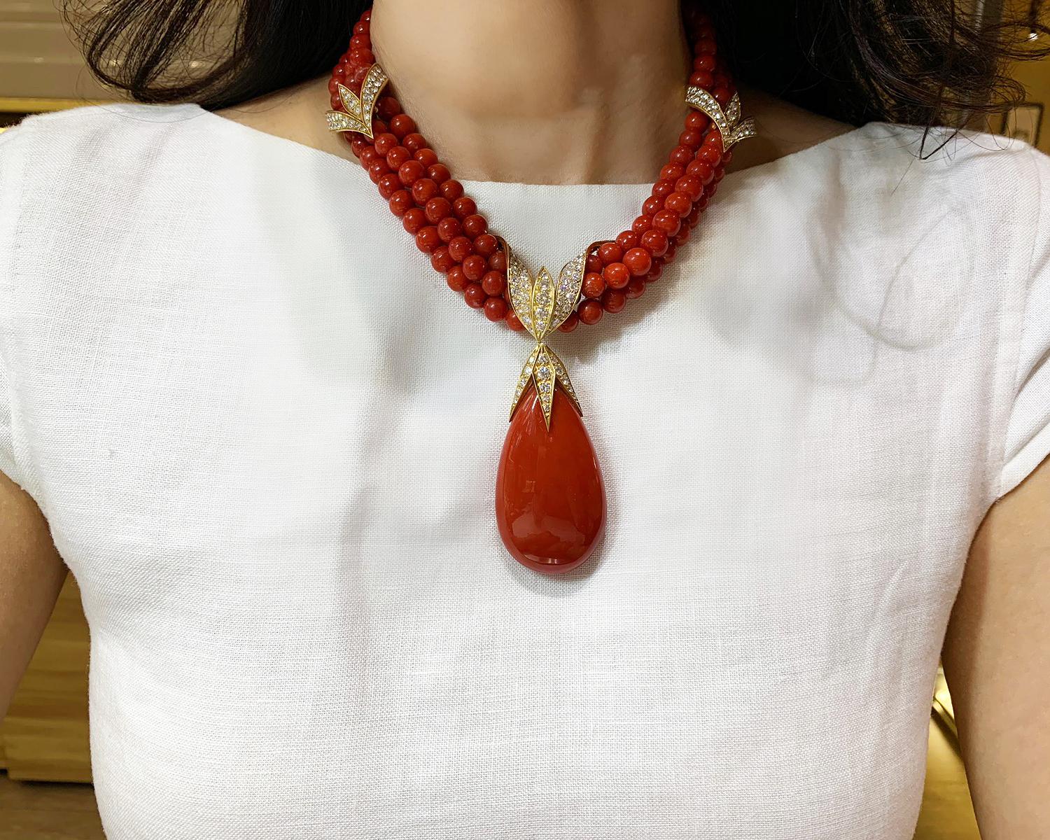 GIA Certified Coral and Diamond Gold Necklace by Fred Paris 1