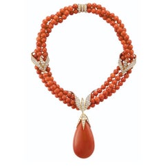 GIA Certified Coral and Diamond Gold Necklace by Fred Paris