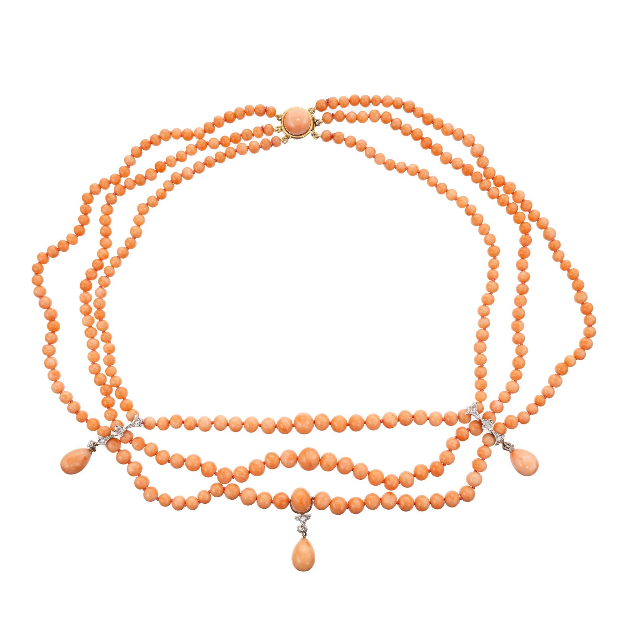 Round Cut GIA Certified Coral Three Strand Victorian Gold Necklace For Sale