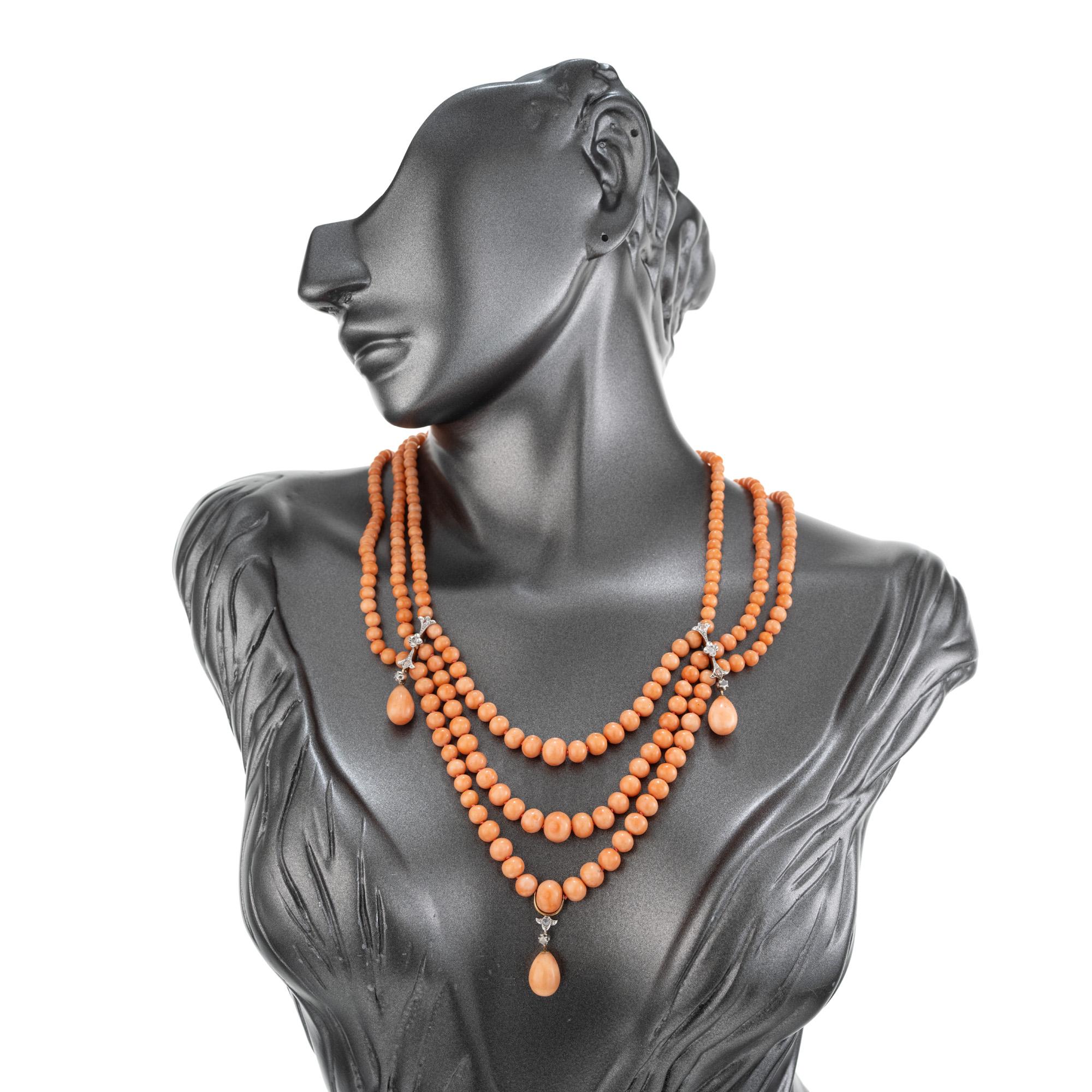 GIA Certified Coral Three Strand Victorian Gold Necklace For Sale 2