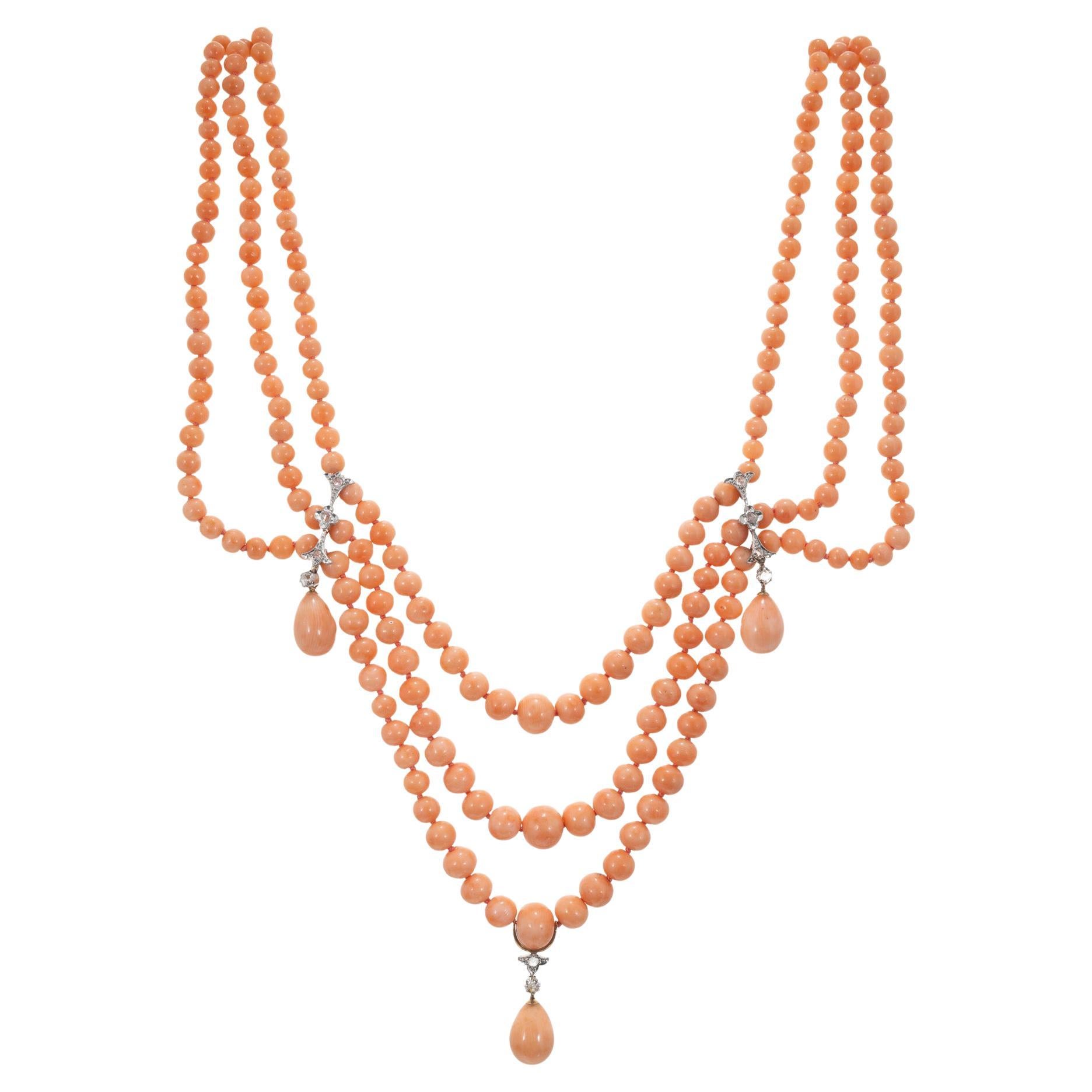 GIA Certified Coral Three Strand Victorian Gold Necklace For Sale