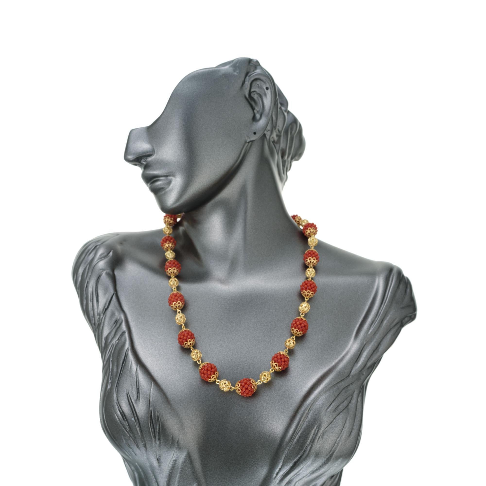 Women's GIA Certified Coral Yellow Gold Beaded Necklace 
