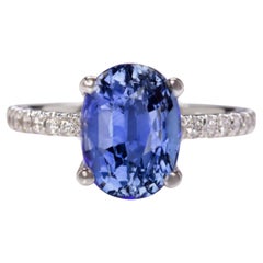 GIA Certified Cornflower 3.80 Carat Blue Sapphire Pave Diamond Ring