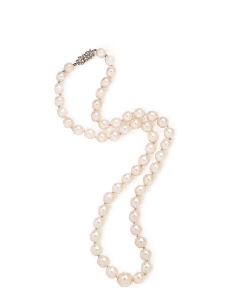 This delicate necklace strings together 53 pearls, measuring approximately 7.30-11.40mm in diameter, finished with a with a platinum and diamond clasp. 