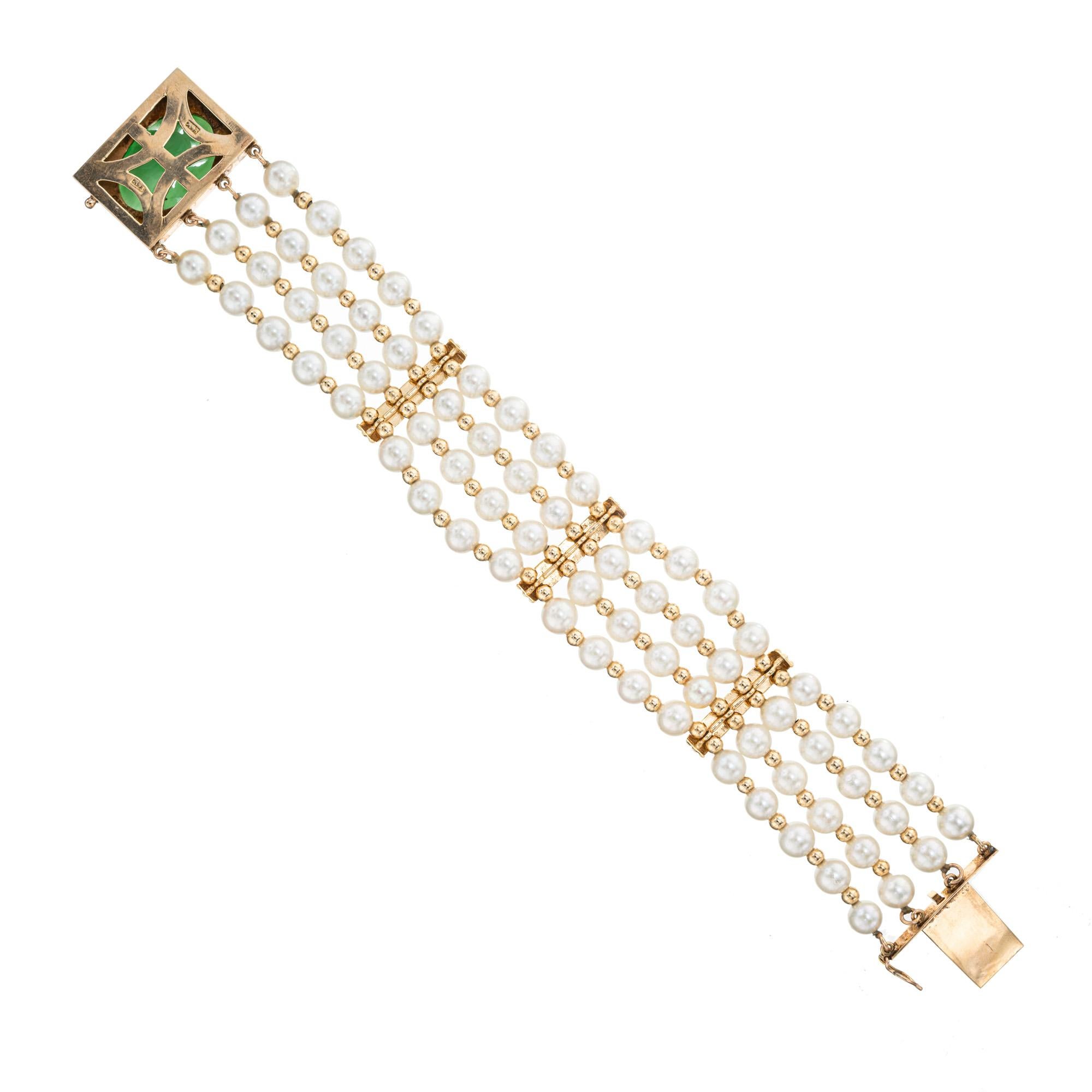 1950's GIA Certified natural, no impregnation Cultured Pearl Natural Jade Multi-Row Gold Bracelet, a true masterpiece of elegance and sophistication. The multi-row Japanese Akoya pearl bracelet has 4 sections separated by three gold bars. The clasp