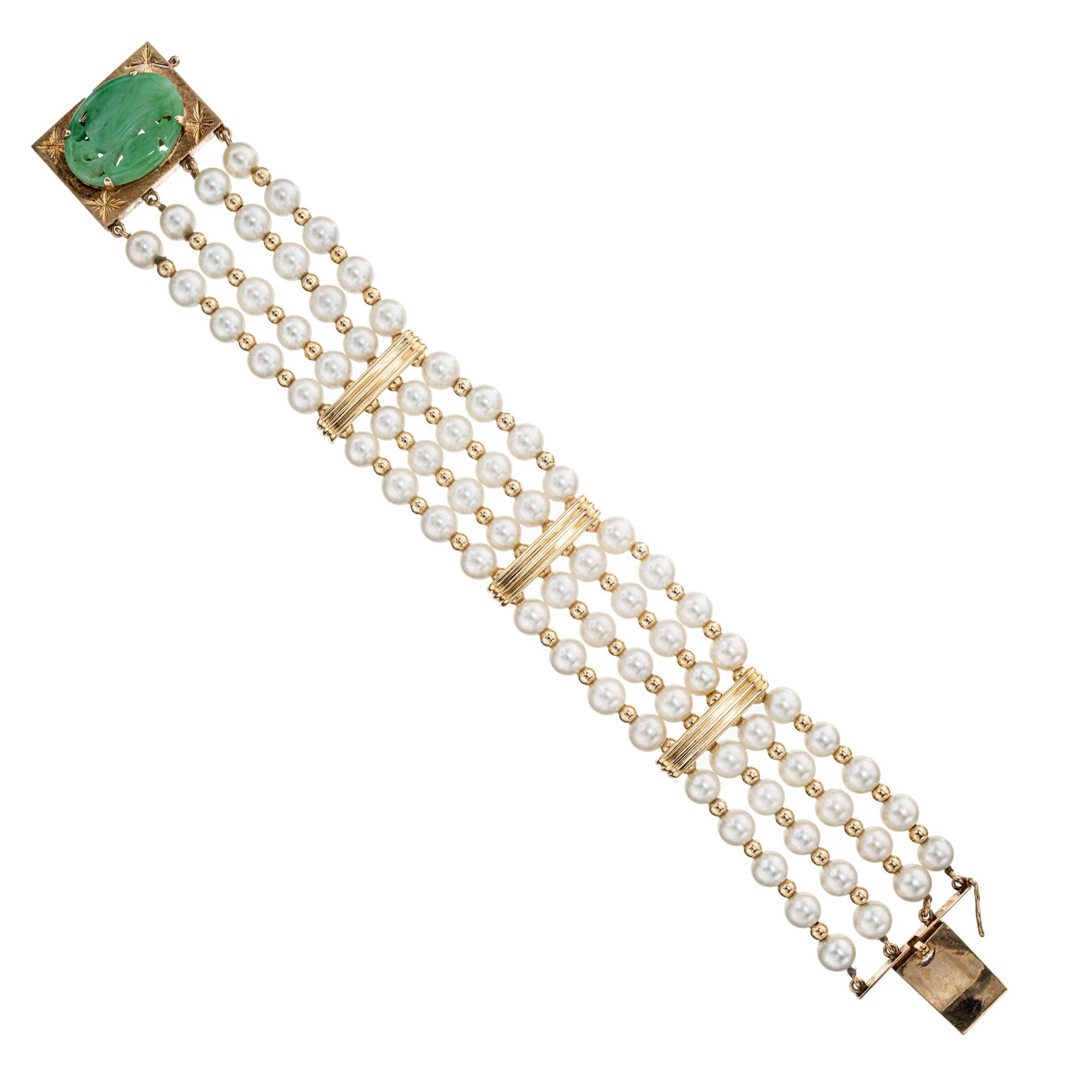 GIA Certified Cultured Pearl Natural Jade Multi-Row Gold Bracelet In Good Condition For Sale In Stamford, CT
