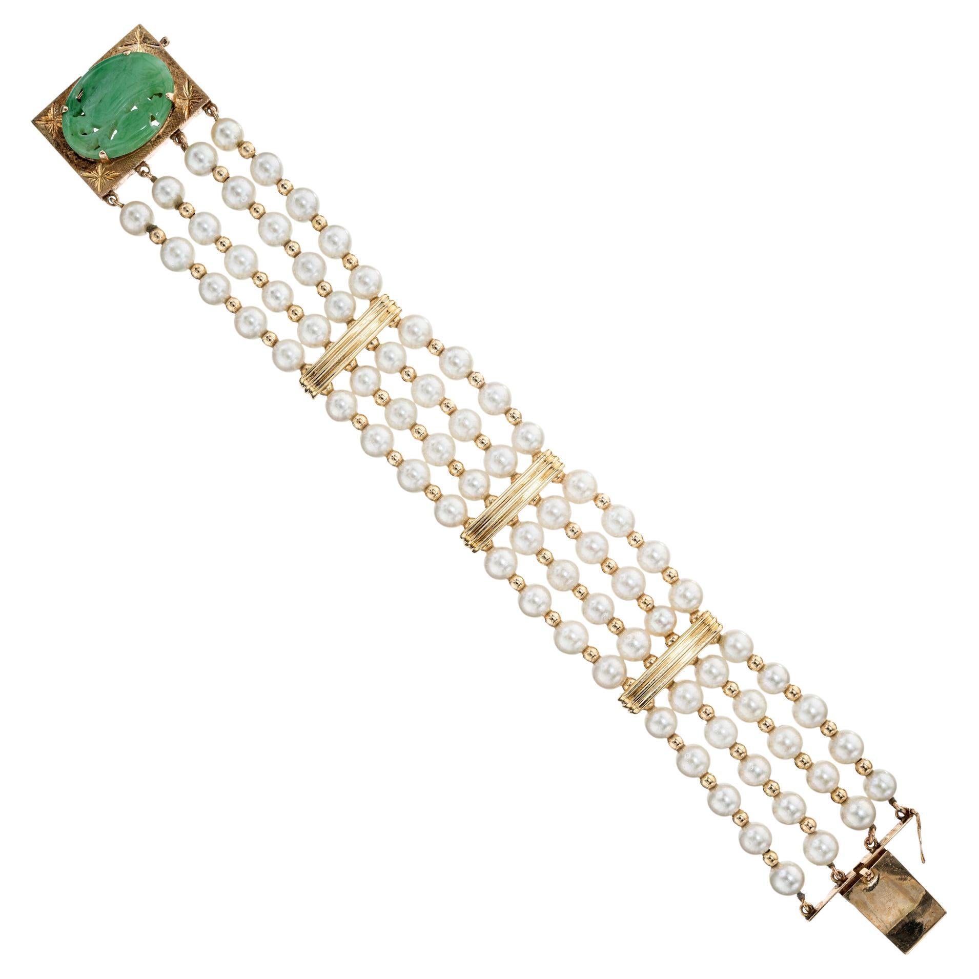 GIA Certified Cultured Pearl Natural Jade Multi-Row Gold Bracelet