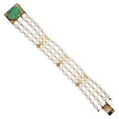 GIA Certified Cultured Pearl Natural Jade Multi-Row Gold Bracelet