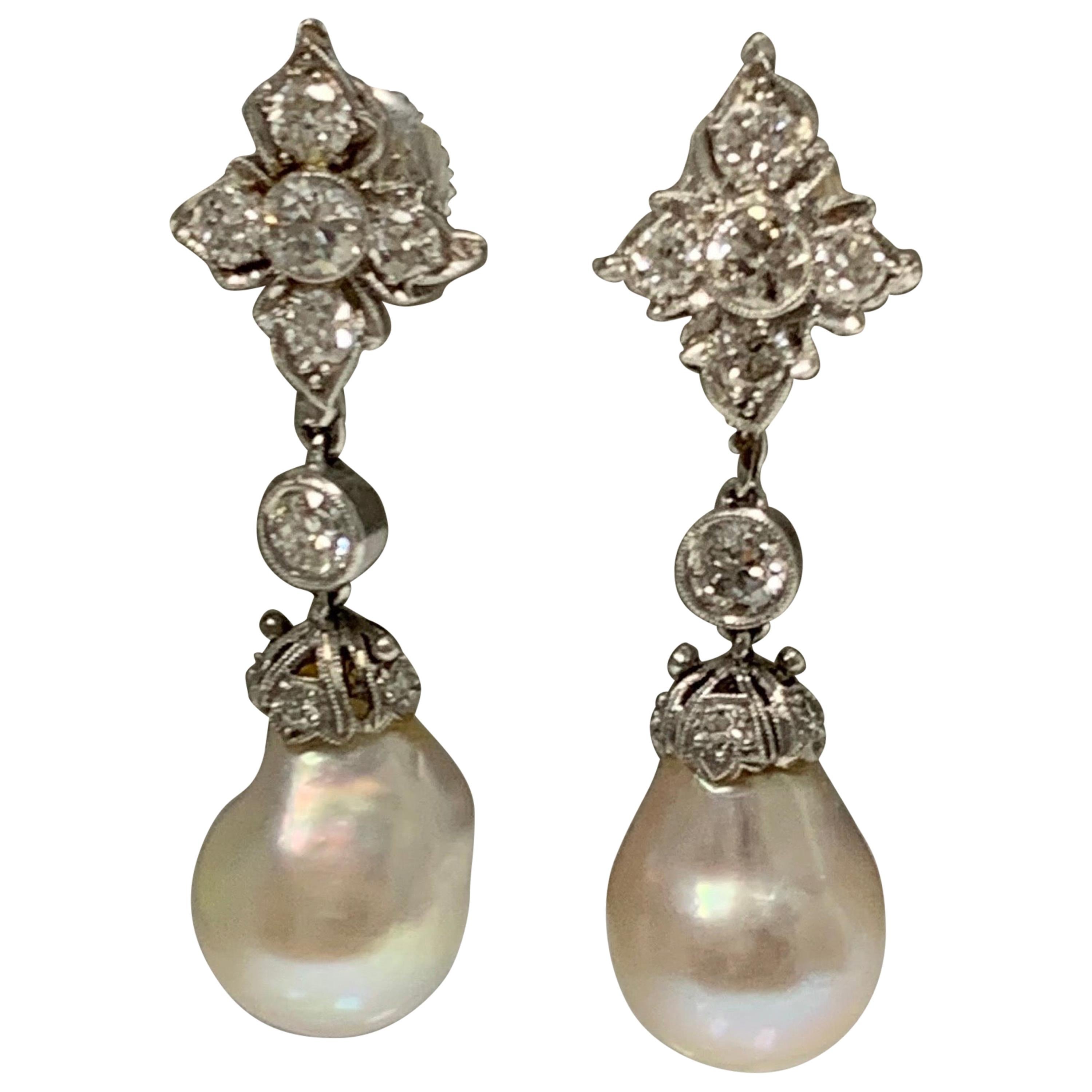 GIA Certified Cultured Pearls and Diamond Earrings in 18 Karat White Gold For Sale