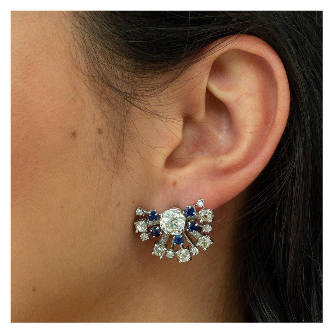 Modern GIA Certified Cushion Brilliant Diamonds and Fan Sapphire Earrings in Platinum