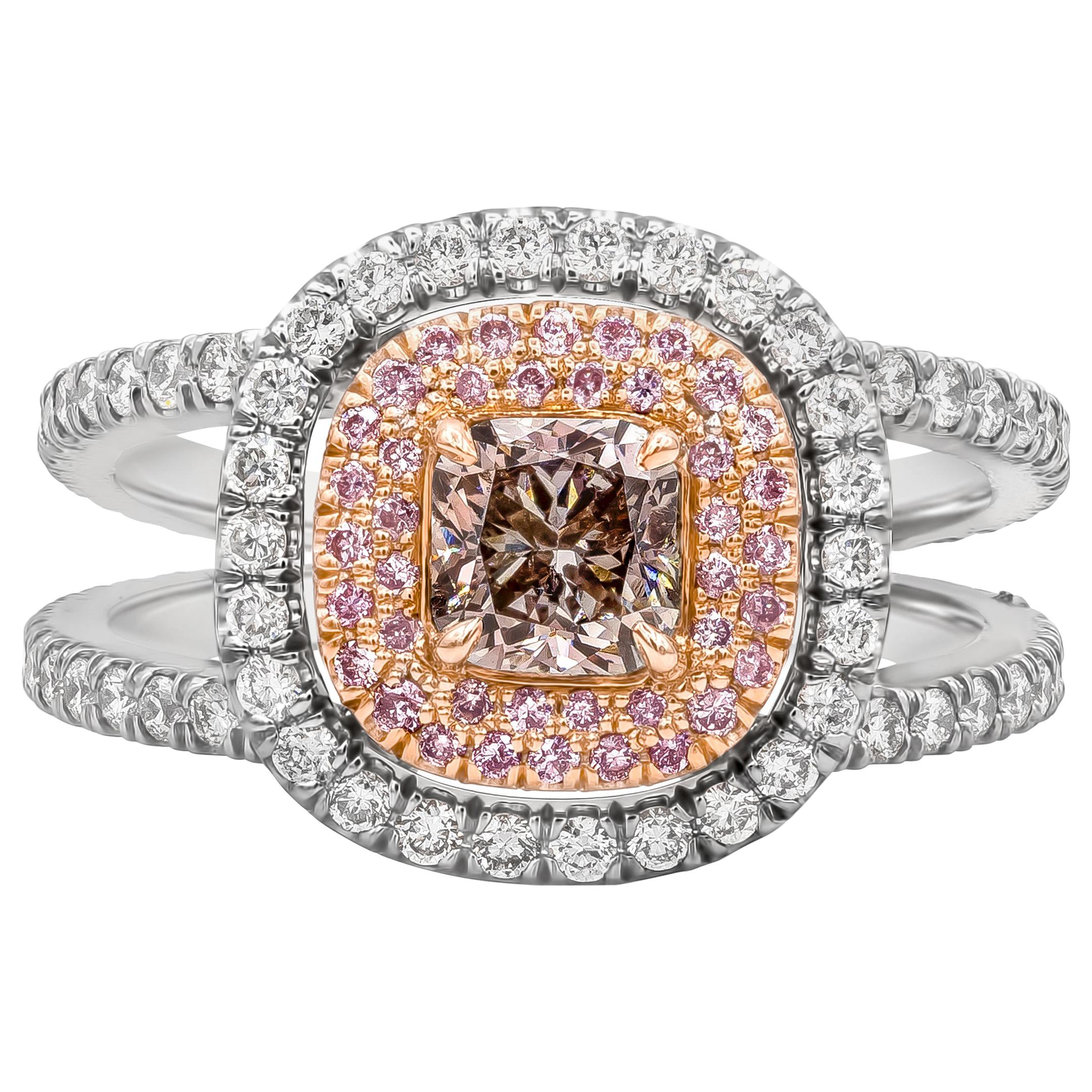 GIA Certified 0.63 Cushion Cut Pink-Brown Diamond Double Halo Engagement Ring