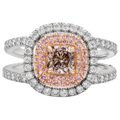 GIA Certified 0.63 Cushion Cut Pink-Brown Diamond Double Halo Engagement Ring