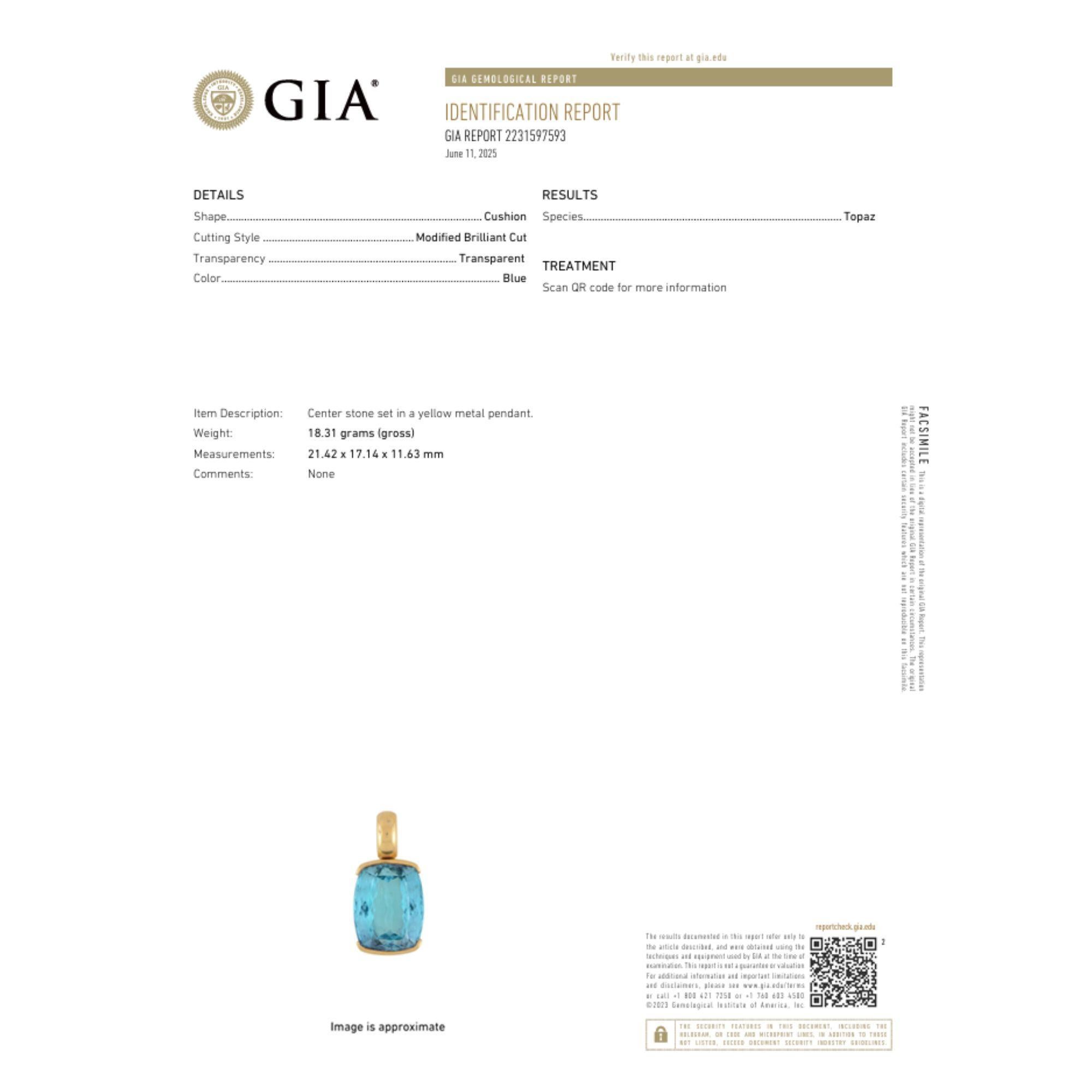 GIA zertifiziert Cushion Cut Blue Topaz in 18K Gold Lünette Anhänger Halskette im Zustand „Hervorragend“ im Angebot in Miami, FL