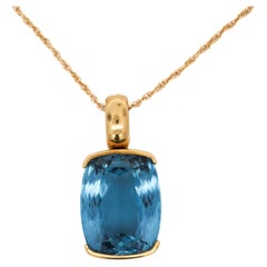 GIA Certified Cushion Cut Blue Topaz in 18K Gold Bezel Pendant Necklace