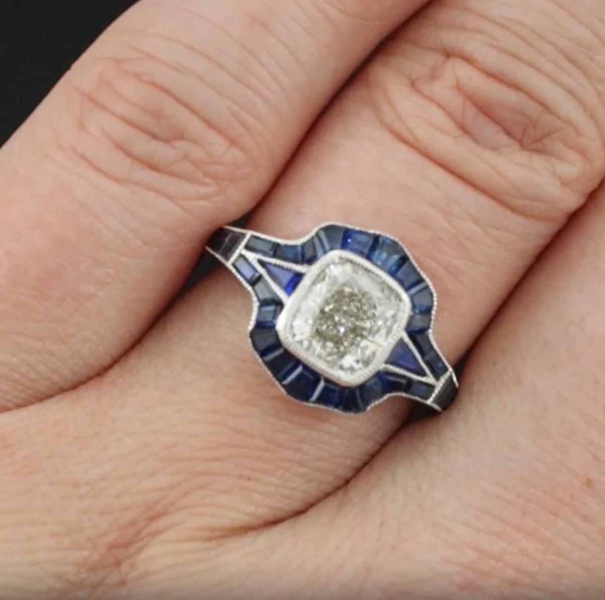 GIA Certified Cushion Cut Diamond and Sapphire Halo Engagement Ring In New Condition For Sale In Chicago, IL