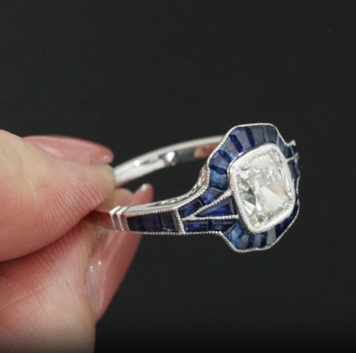 Women's GIA Certified Cushion Cut Diamond and Sapphire Halo Engagement Ring For Sale