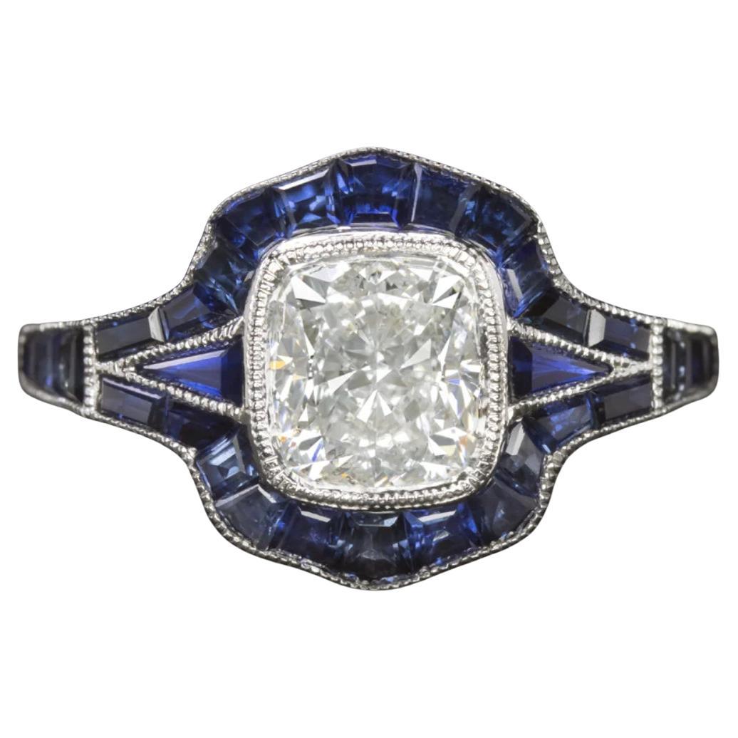 GIA Certified Cushion Cut Diamond and Sapphire Halo Engagement Ring
